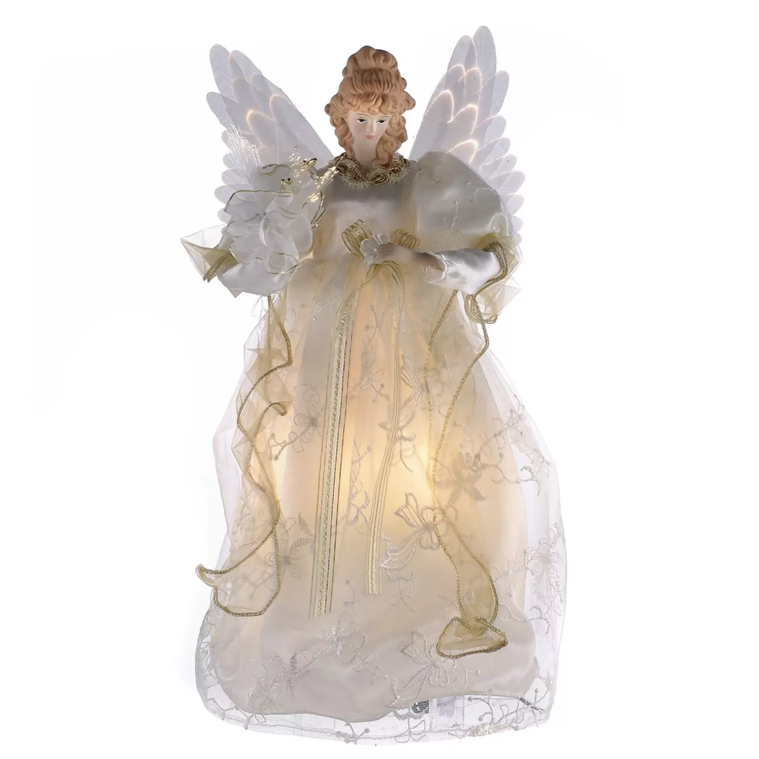 The Jolly Christmas Shop Bon Noel | Religious | 14" Fiber-Optic Ivory And Gold Animated LED Angel Christmas Tree Topper UL2173LED