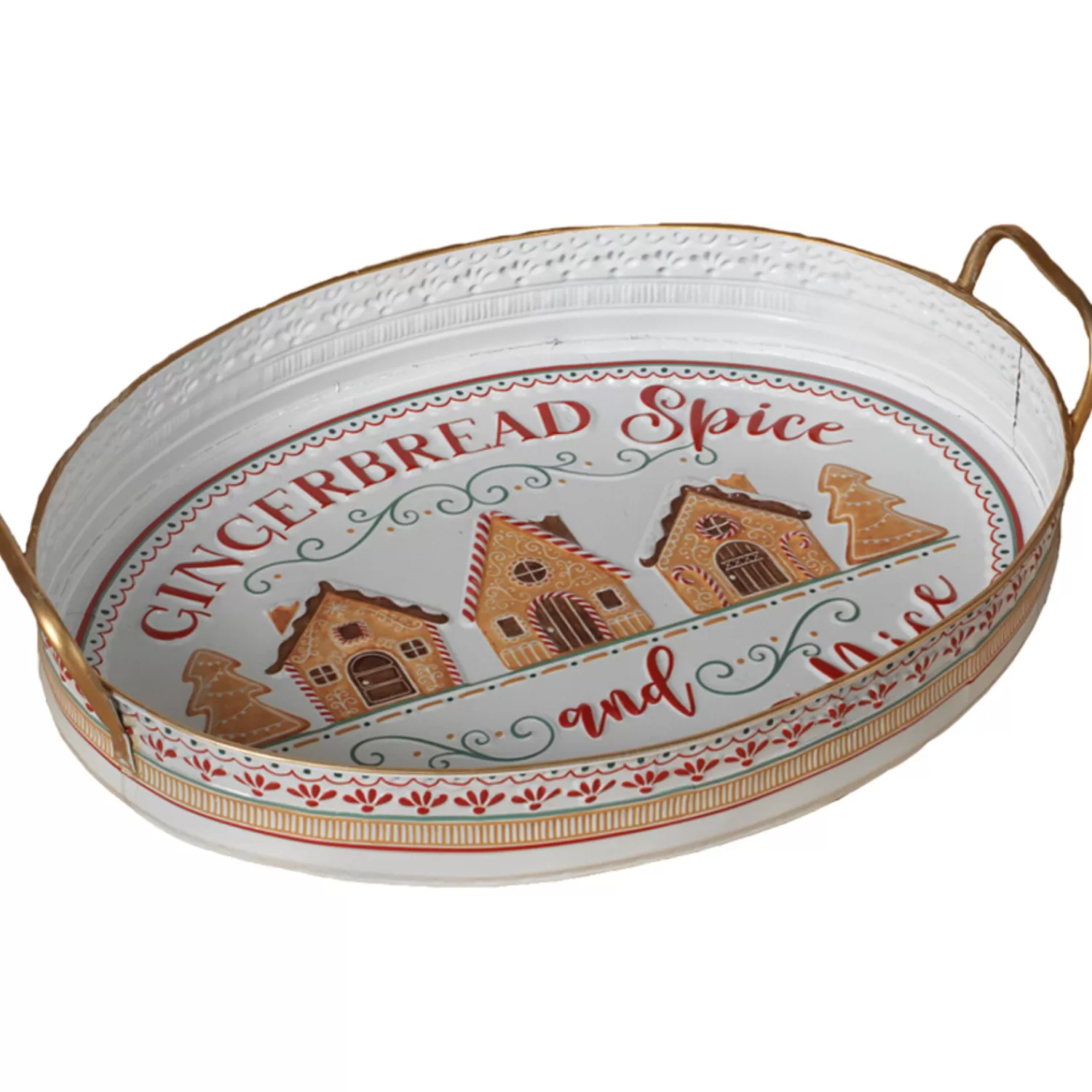 The Jolly Christmas Shop Jingle And Cocoa | Gingerbread | 18.8" Metal Embossed Gold And White Gingerbread And Spice Christmas Tray 2604680