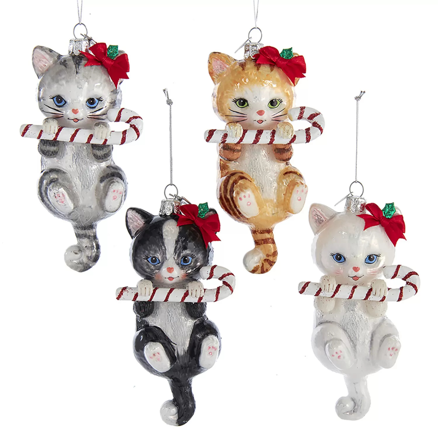 The Jolly Christmas Shop Animals·Cats | 5" Noble Gems Cat With Candy Cane Glass Christmas Ornament NB1668