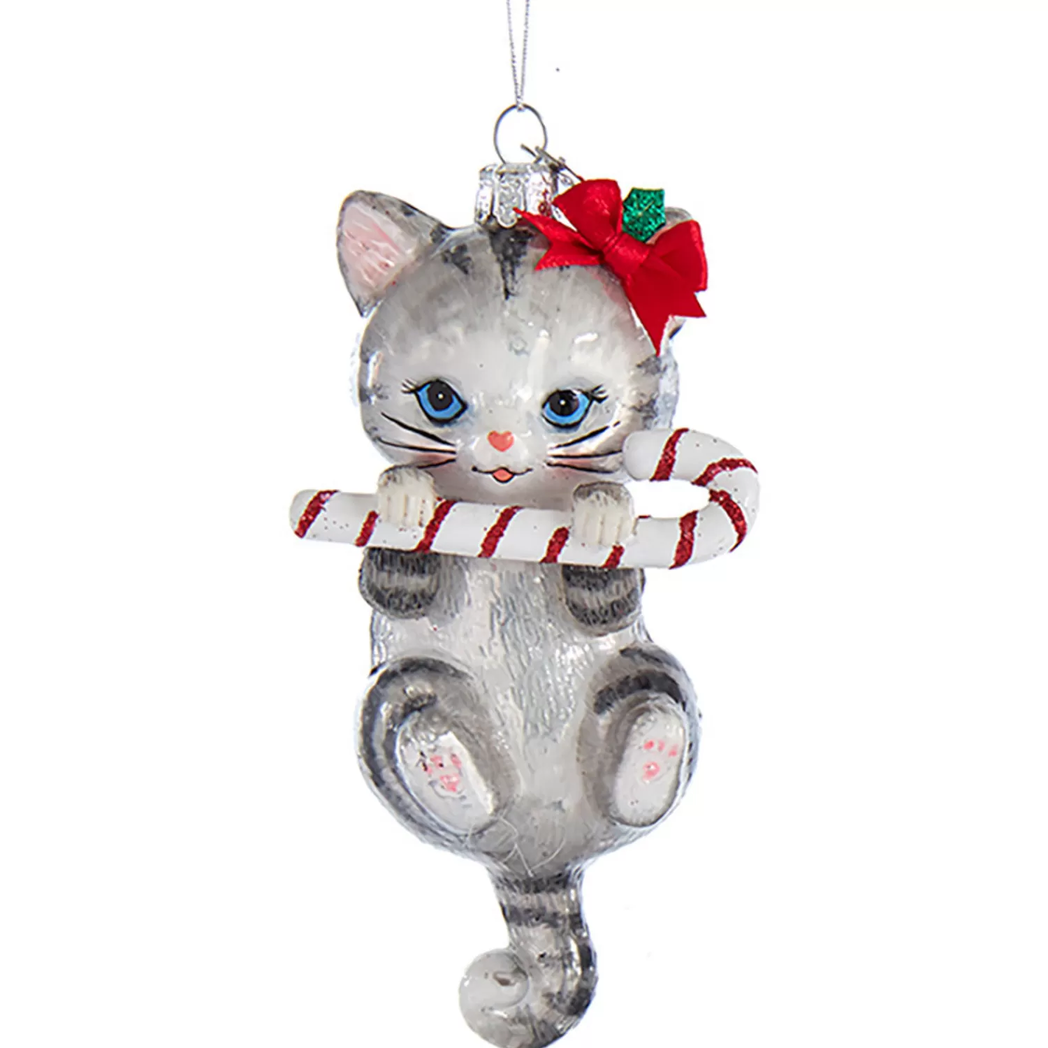 The Jolly Christmas Shop Animals·Cats | 5" Noble Gems Cat With Candy Cane Glass Christmas Ornament NB1668