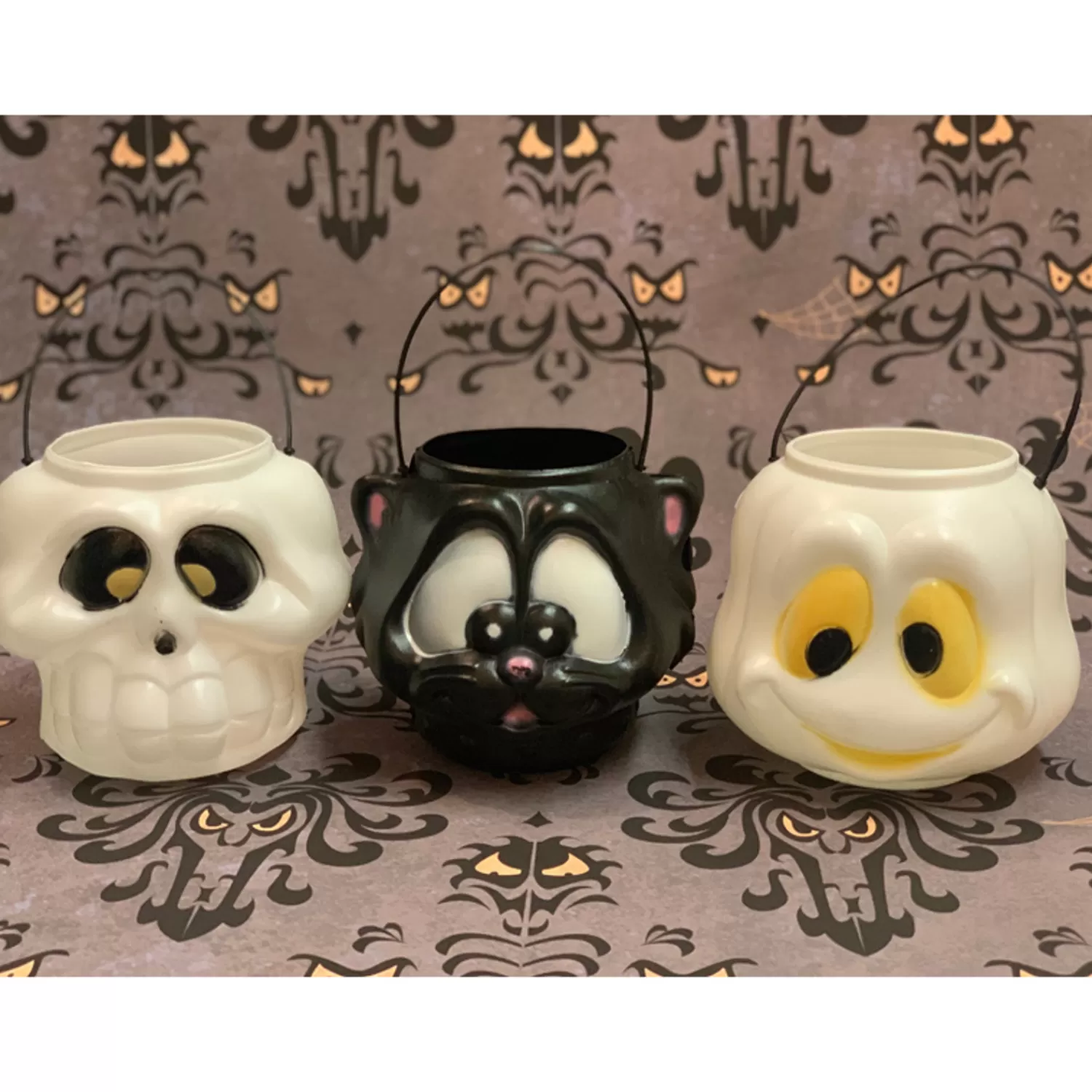 The Jolly Christmas Shop Blow Molds | Vintage Halloween Decorations | 6" Ghost, Skull, Or Black Cat Halloween Blow Mold Candy Pails
