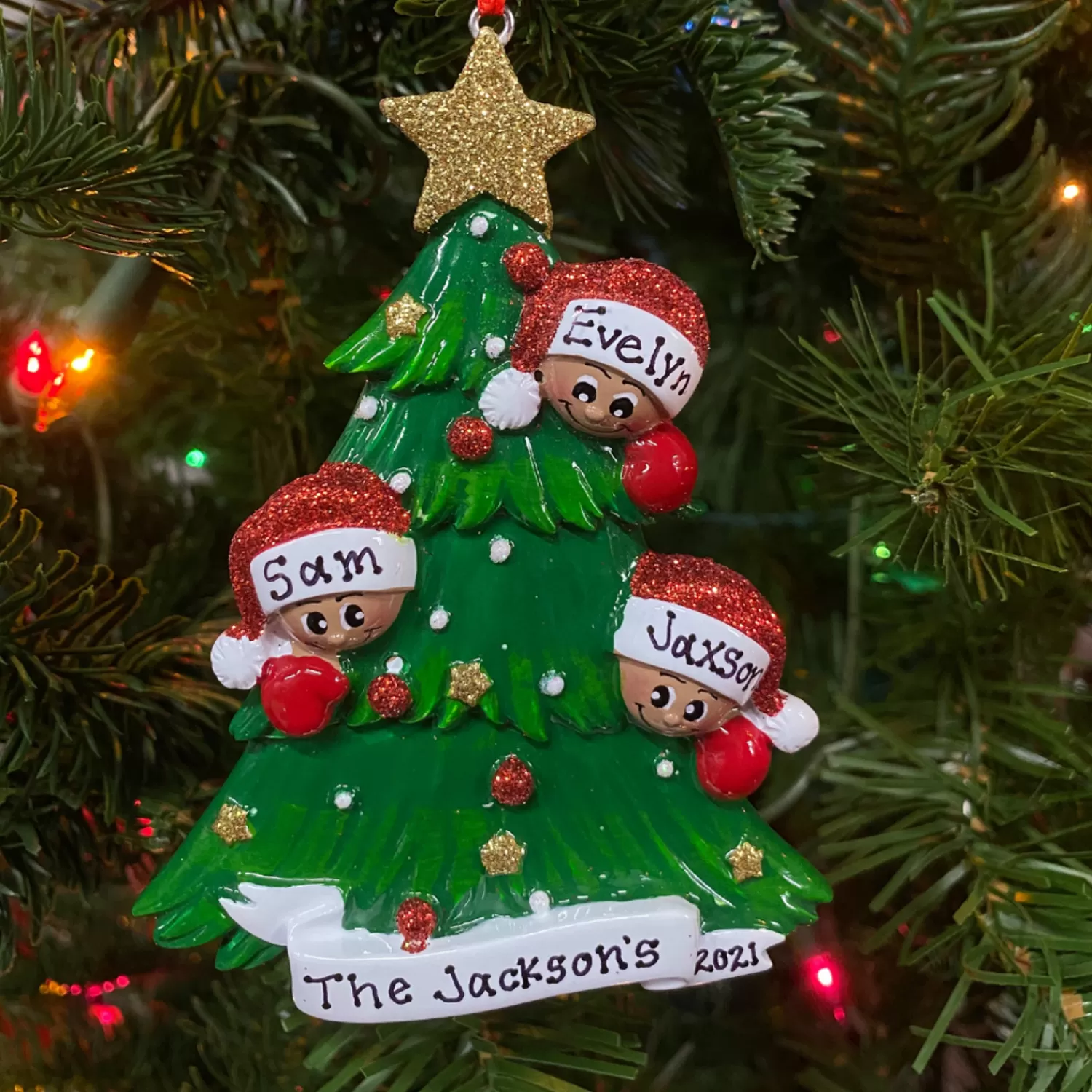 The Jolly Christmas Shop African American Christmas Decorations | Personalized Ornaments·Family Ornaments | African American Christmas Tree Family Of 3 Personalized Christmas Ornament AA827-3