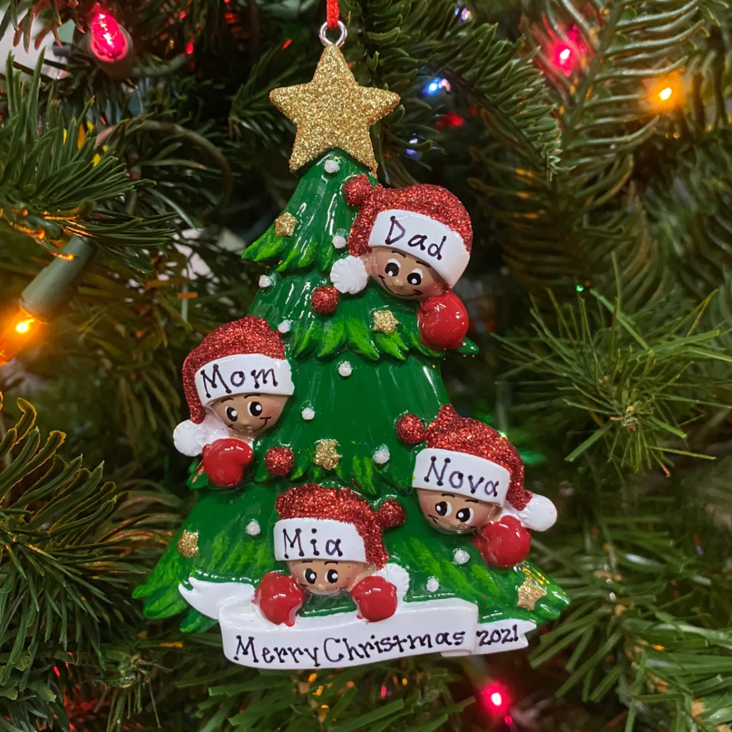 The Jolly Christmas Shop African American Christmas Decorations | Personalized Ornaments·Family Ornaments | African American Christmas Tree Family Of 4 Personalized Christmas Ornament AA827-4