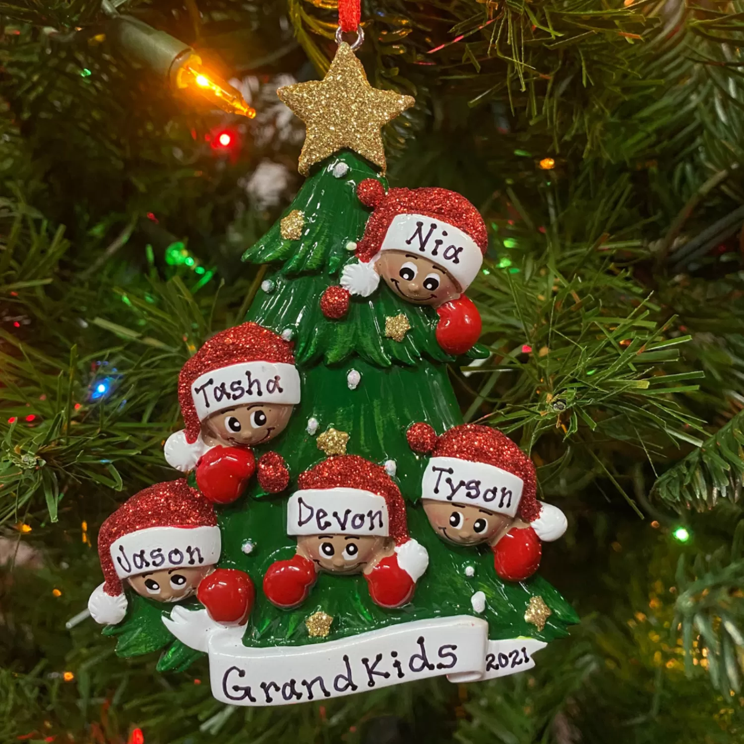 The Jolly Christmas Shop African American Christmas Decorations | African American Christmas Tree Family Of 5 Personalized Christmas Ornament AA827-5