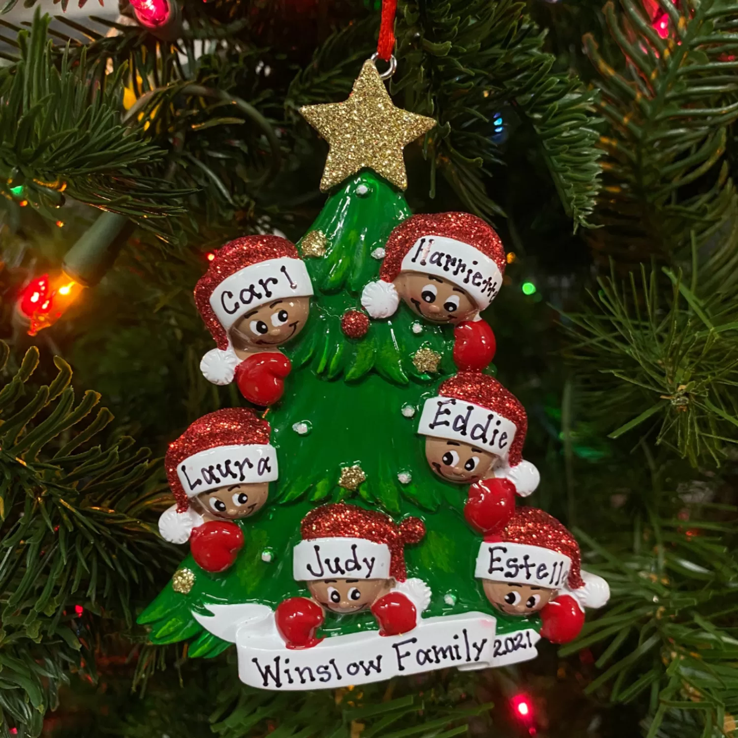 The Jolly Christmas Shop African American Christmas Decorations | Personalized Ornaments·Family Ornaments | African American Christmas Tree Family Of 6 Personalized Christmas Ornament AA827-6