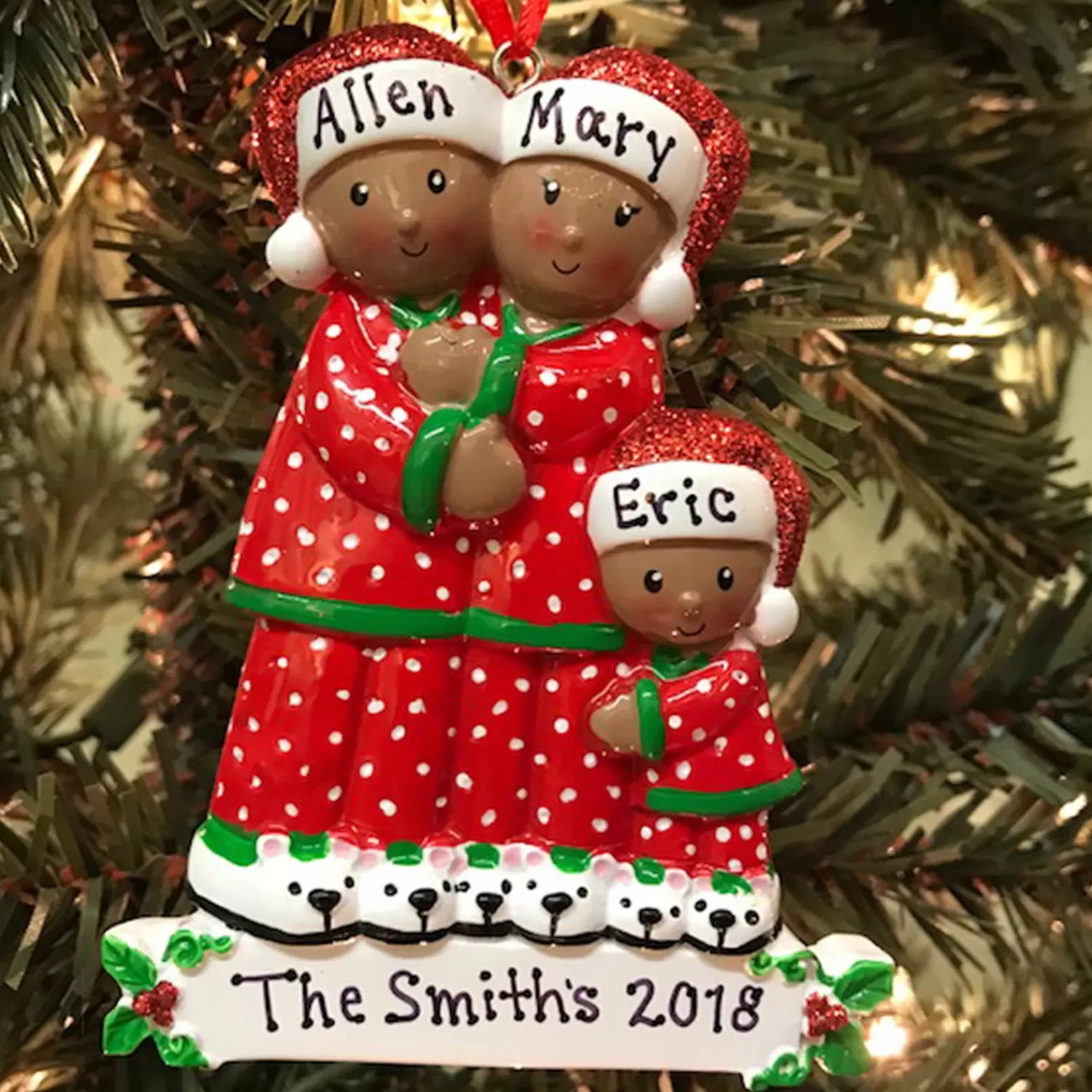 The Jolly Christmas Shop African American Christmas Decorations | Personalized Ornaments·Family Ornaments | African American Pajama Family Of 3 Personalized Christmas Ornament