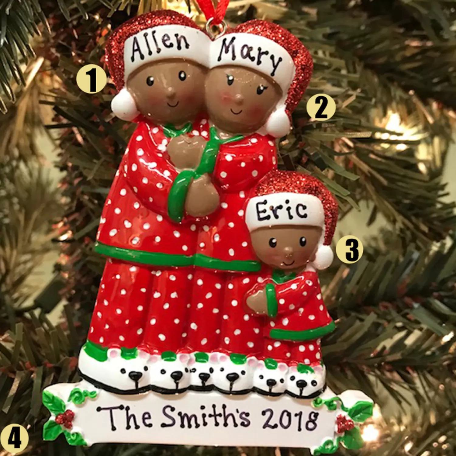The Jolly Christmas Shop African American Christmas Decorations | Personalized Ornaments·Family Ornaments | African American Pajama Family Of 3 Personalized Christmas Ornament