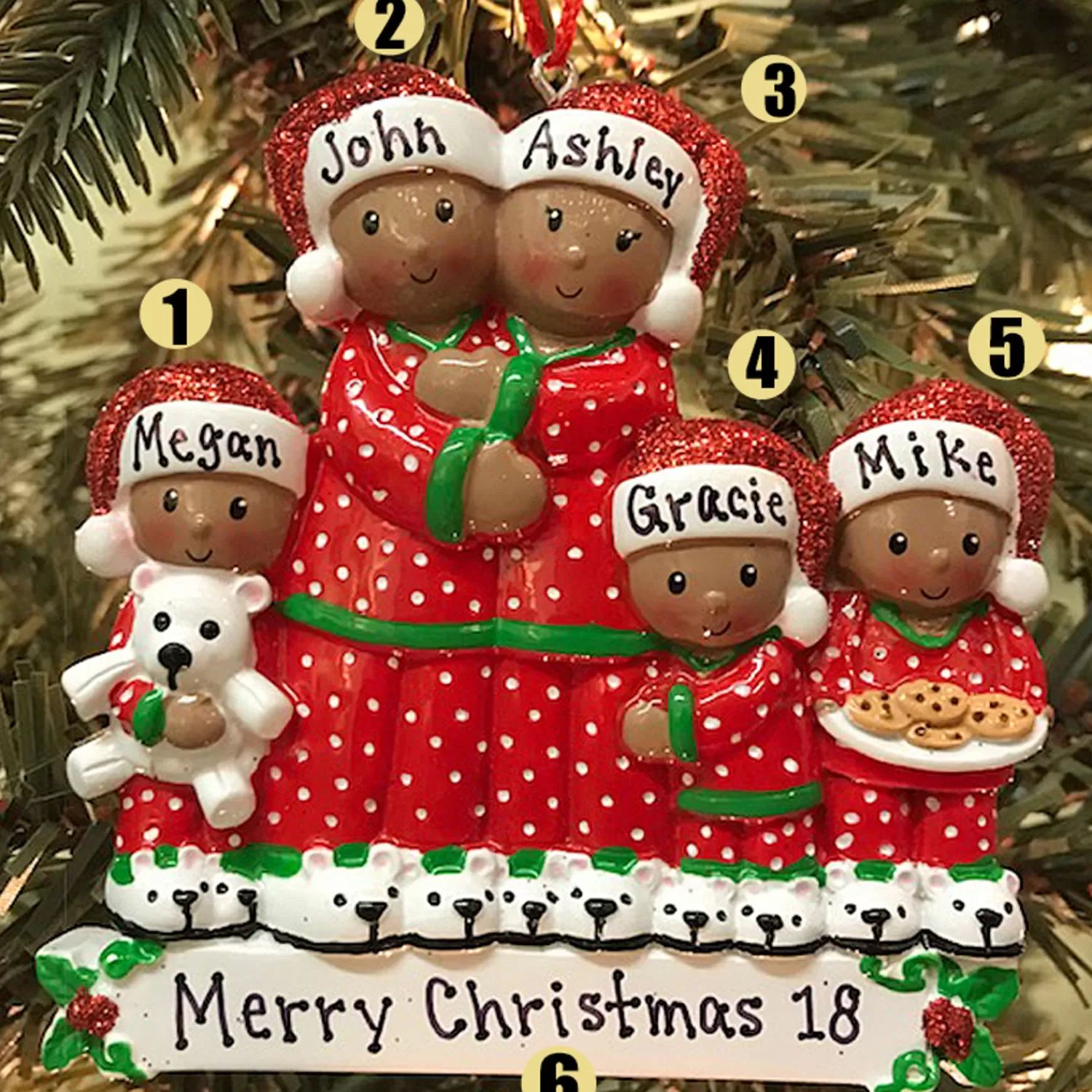 The Jolly Christmas Shop African American Christmas Decorations | Personalized Ornaments·Family Ornaments | African American Pajama Family Of 5 Personalized Christmas Ornament