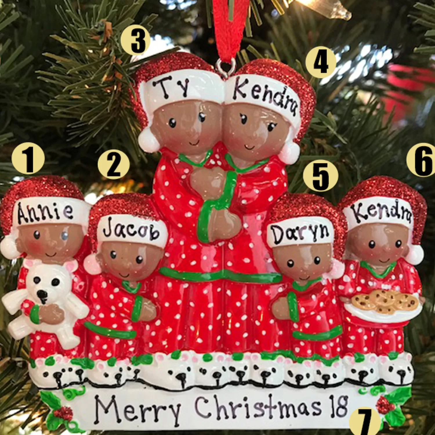The Jolly Christmas Shop African American Christmas Decorations | Personalized Ornaments·Family Ornaments | African American Pajama Family Of 6 Personalized Christmas Ornament