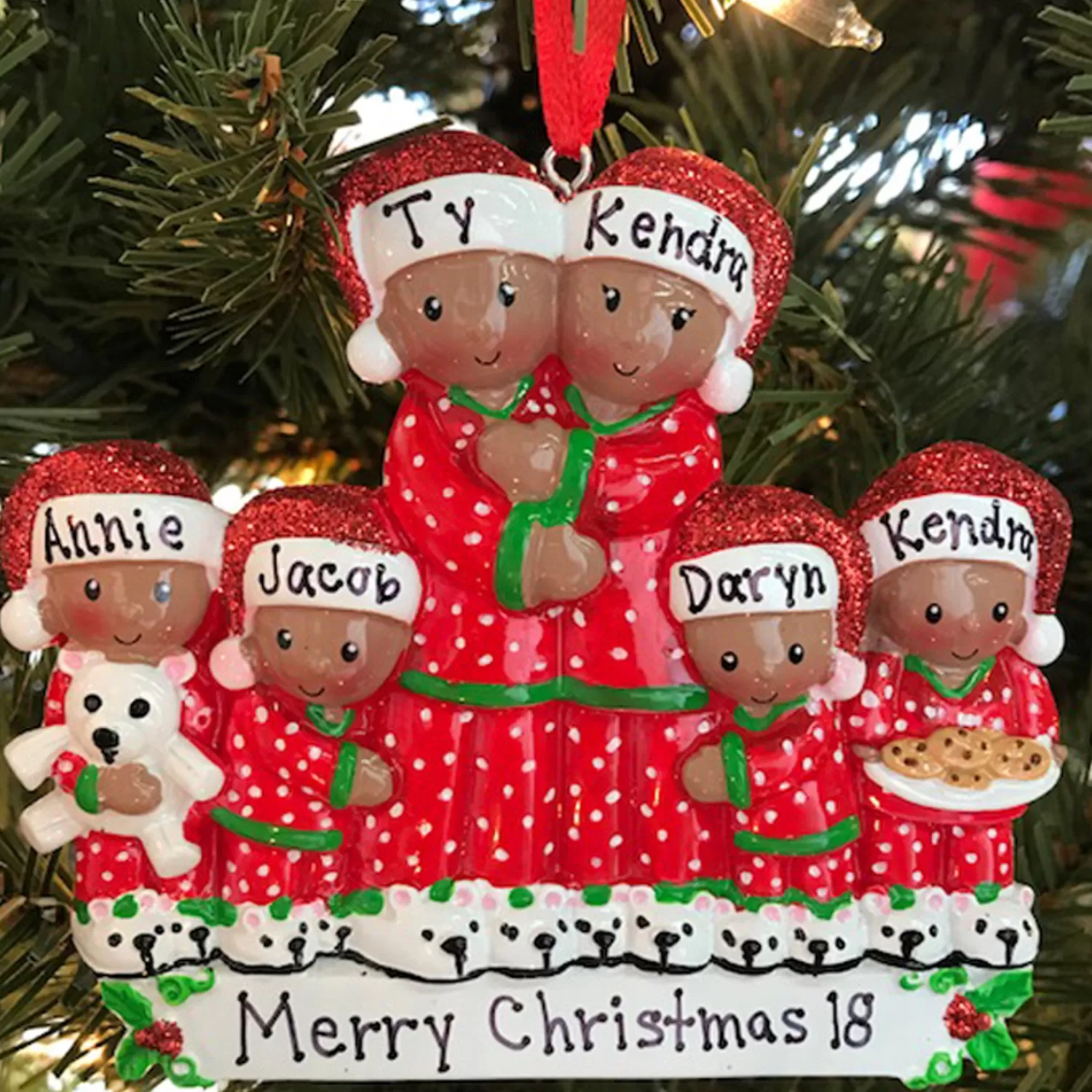 The Jolly Christmas Shop African American Christmas Decorations | Personalized Ornaments·Family Ornaments | African American Pajama Family Of 6 Personalized Christmas Ornament