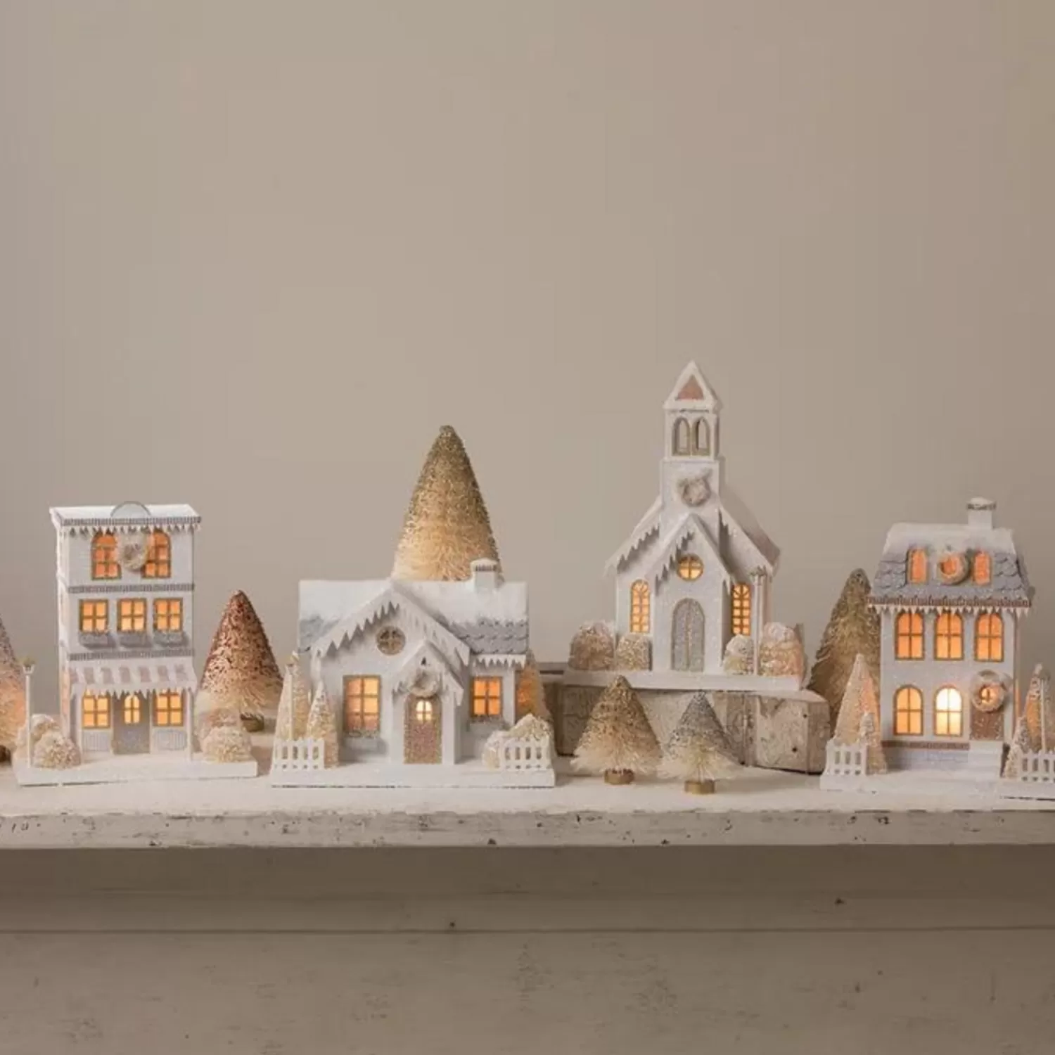 The Jolly Christmas Shop Elegant | Houses And Accessories·Christmas Houses | Bethany Lowe Metallic Gold, White, And Silver Glittered Christmas Buildings