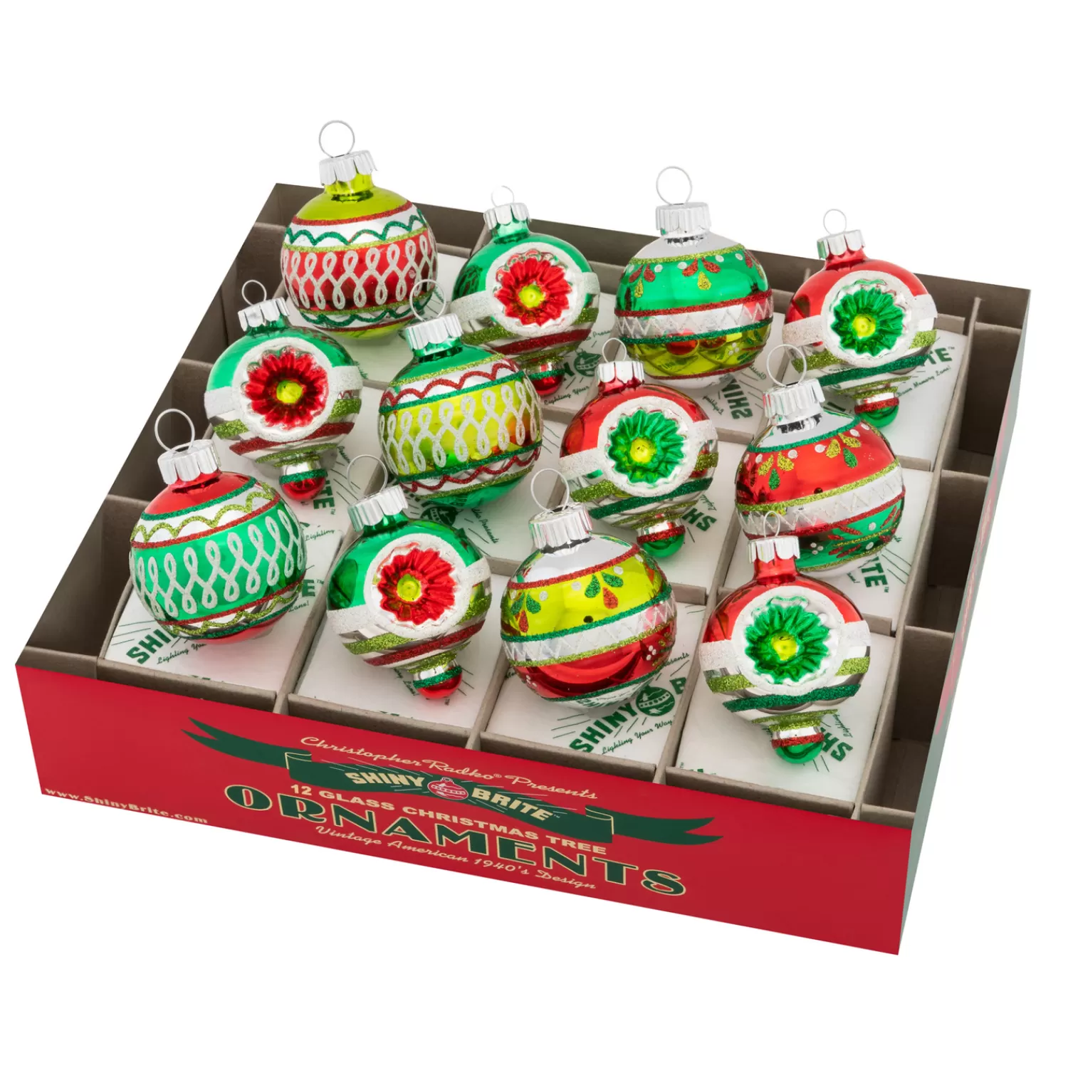 The Jolly Christmas Shop Vintage Decorations | Shiny Brite | Christopher Radko Shiny Brite Holiday Splendor 1.75" Decorated Rounds & Shapes Glass Christmas Ornaments 4027712