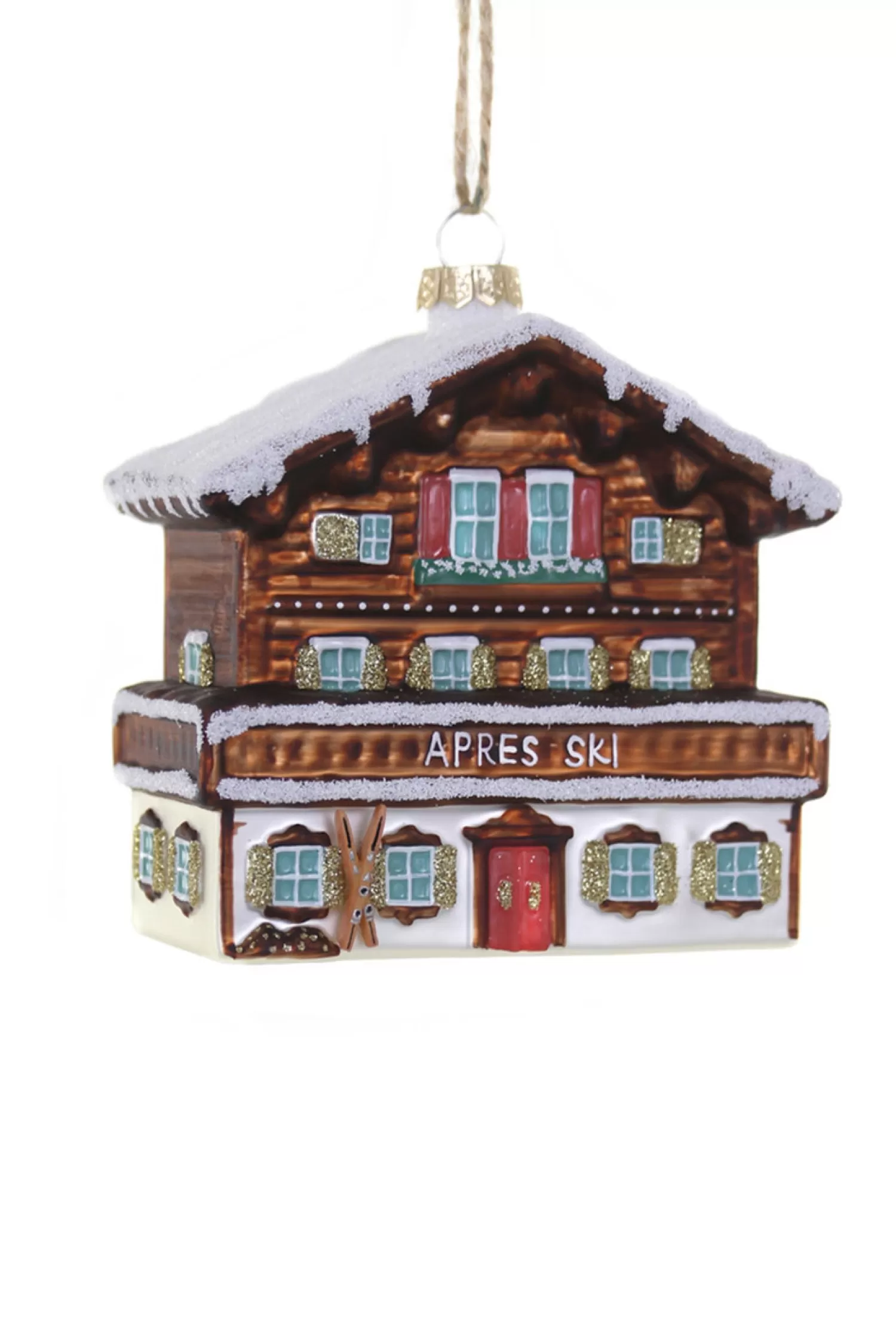 The Jolly Christmas Shop Woodland Wonder | Sports·Skiing / Snowboarding | Cody Foster 4" Ski Chalet Glass Christmas Ornament GL-474