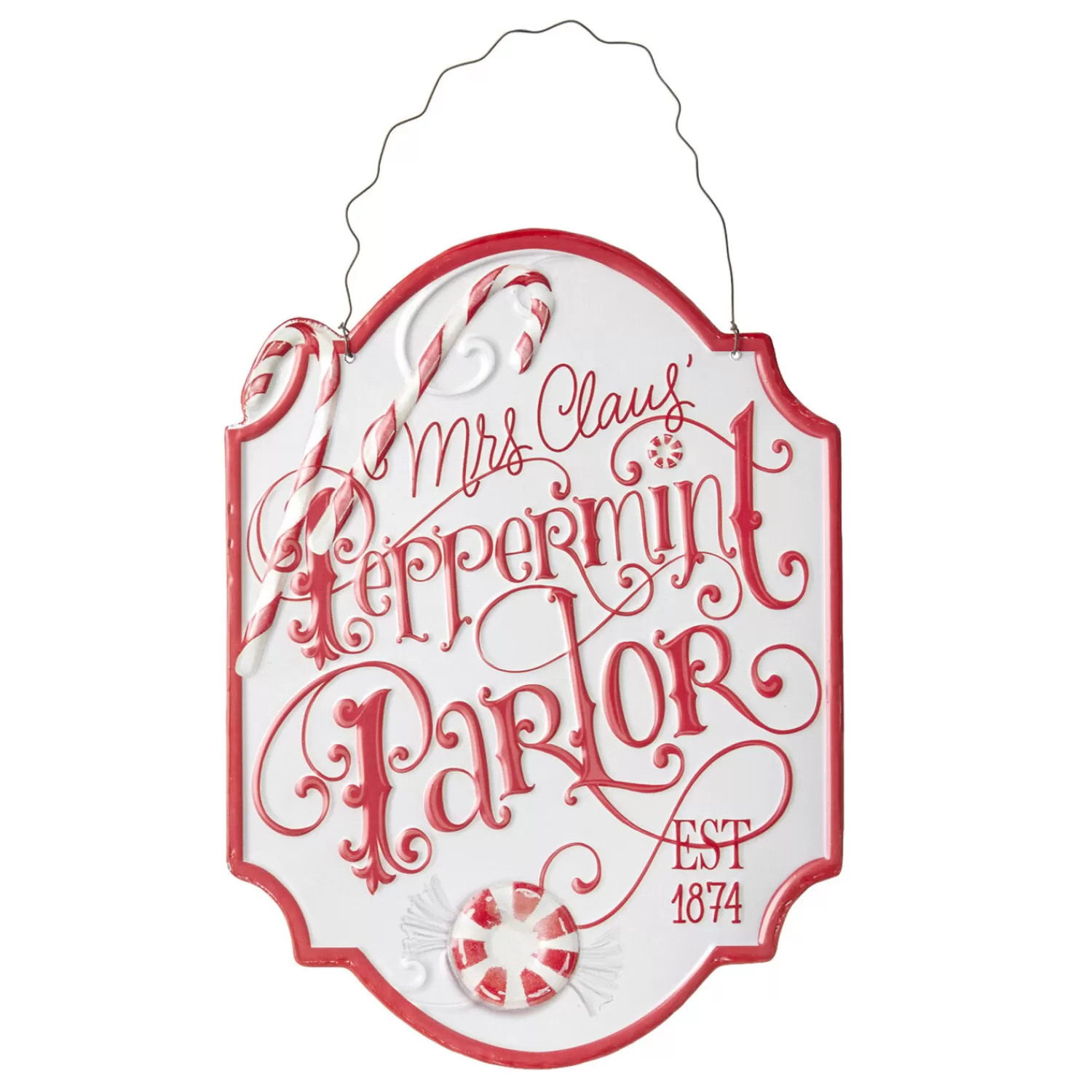 The Jolly Christmas Shop Jingle And Cocoa | Candy And Food | Raz 11.75" Peppermint Parlor Embossed Metal Christmas Sign 4111275