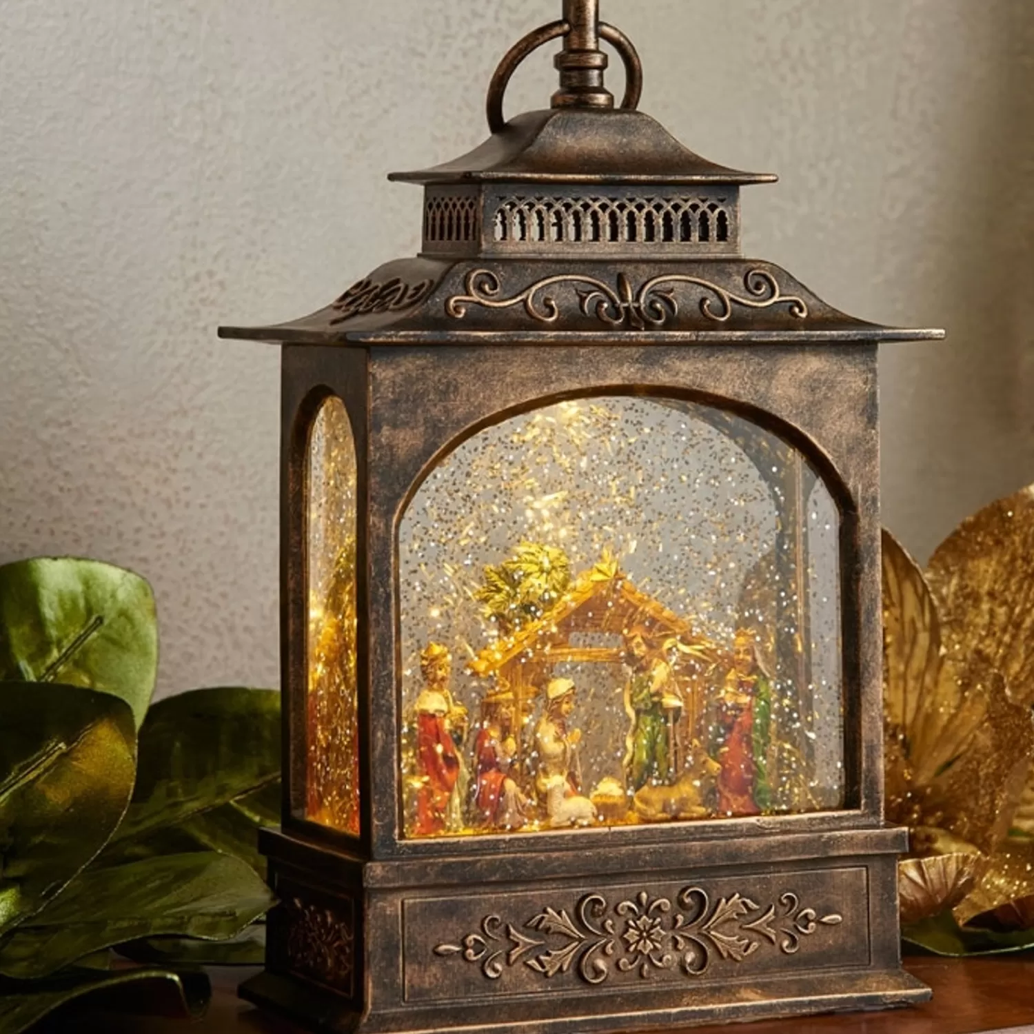 The Jolly Christmas Shop Bon Noel | Oh Night Divine | Raz 11" LED Lighted Nativity Scene In Bronze Christmas Water Globe Lantern 3740512