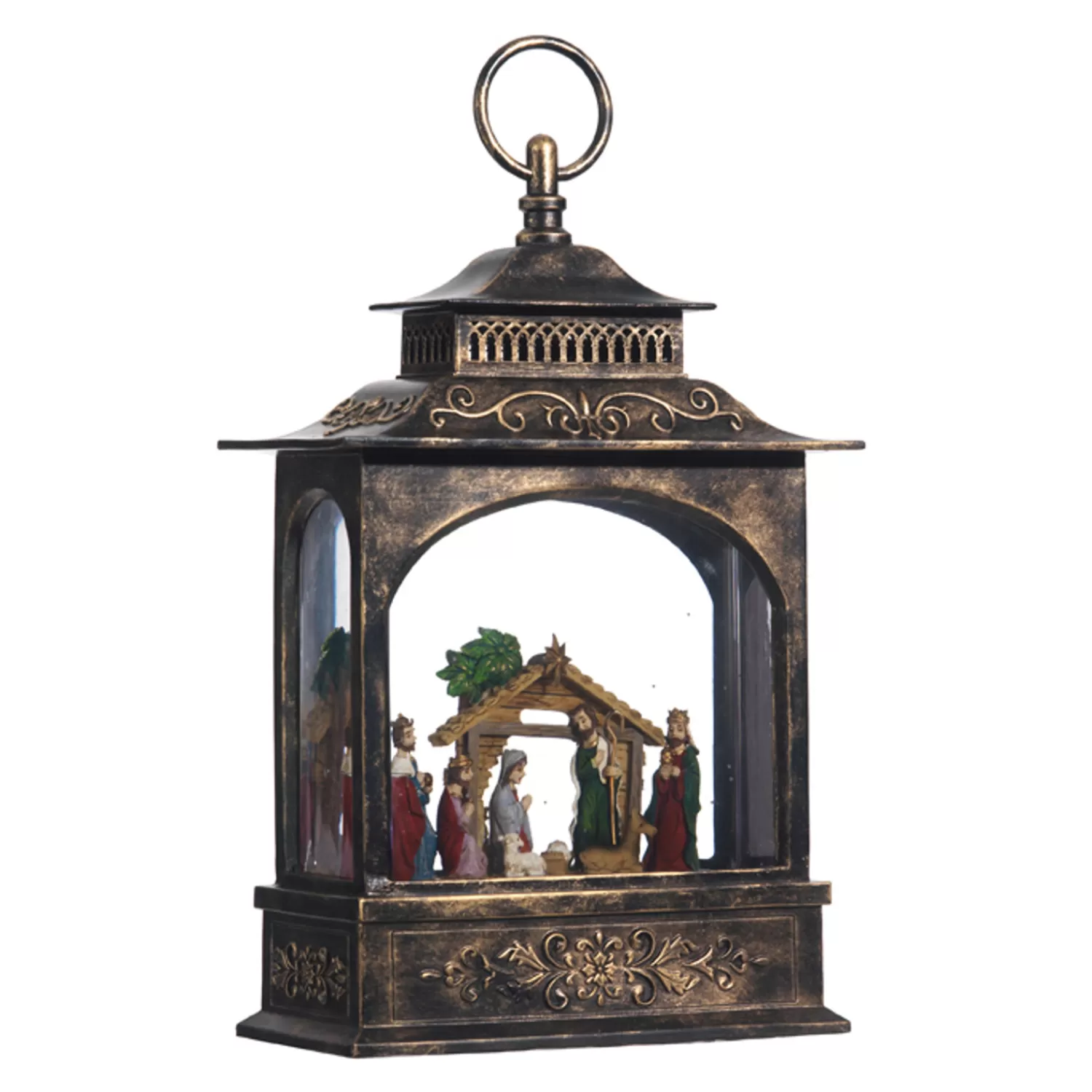 The Jolly Christmas Shop Bon Noel | Oh Night Divine | Raz 11" LED Lighted Nativity Scene In Bronze Christmas Water Globe Lantern 3740512