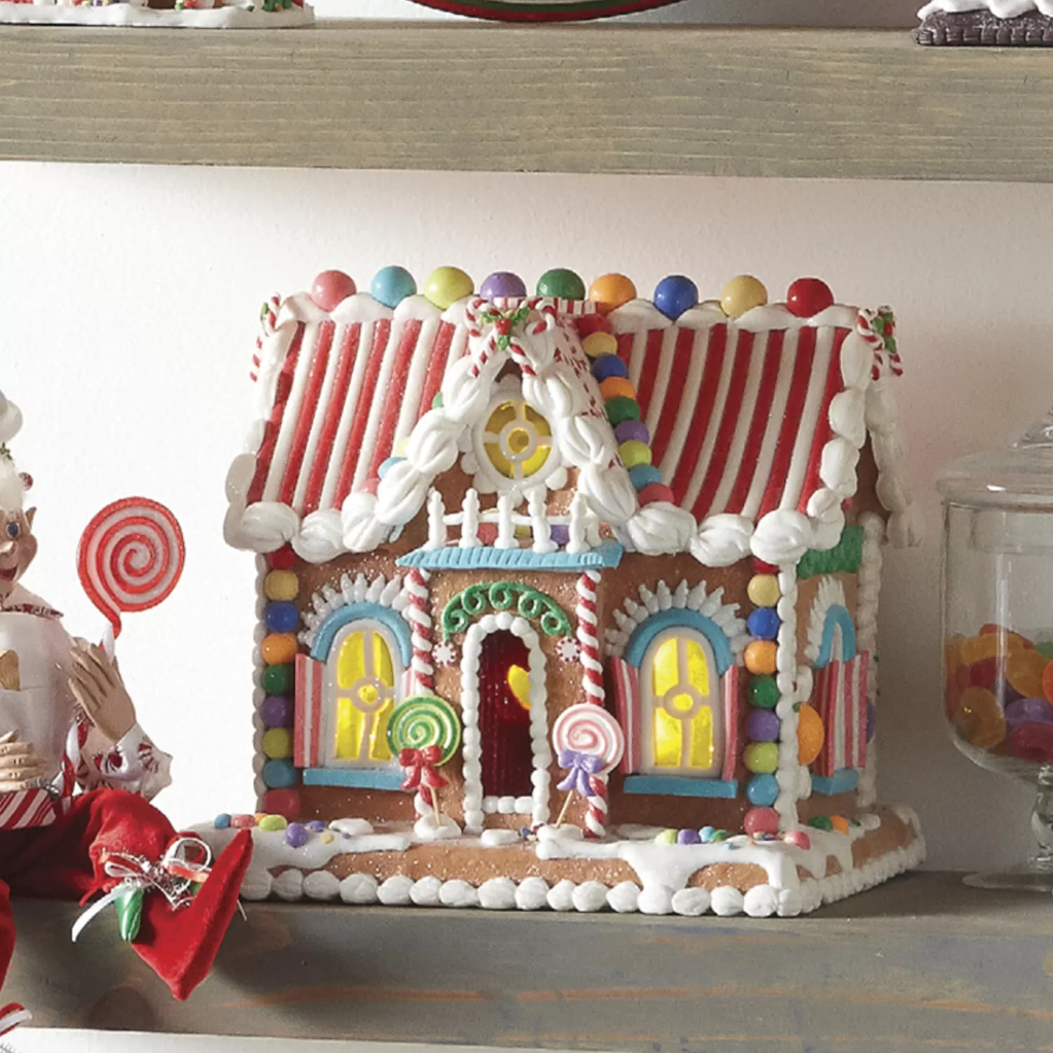 The Jolly Christmas Shop Jingle And Cocoa | Gingerbread | Raz 11" LED Lighted Rainbow Candy Christmas Gingerbread House 4019083