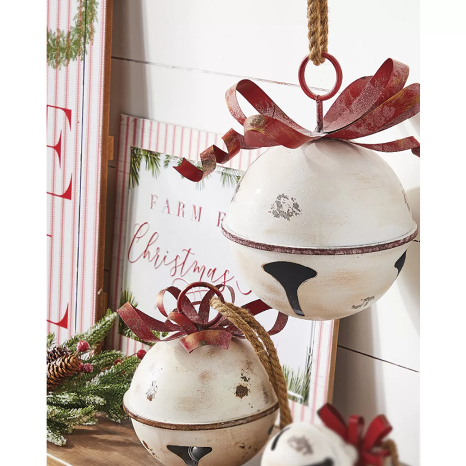 The Jolly Christmas Shop Heartfelt Holiday | Gingerbread Lane | Raz 11" Or 13.75" White Glittered Jingle Bell With Red Bow Christmas Ornament