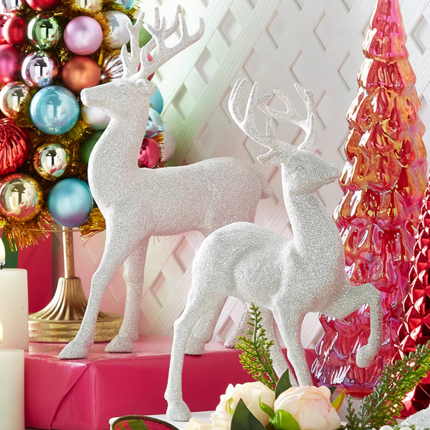 The Jolly Christmas Shop Charming Holiday | Snowflake Soiree | Raz 12.75" Set Of 2 White Glittered Deer Christmas Figures 3100812