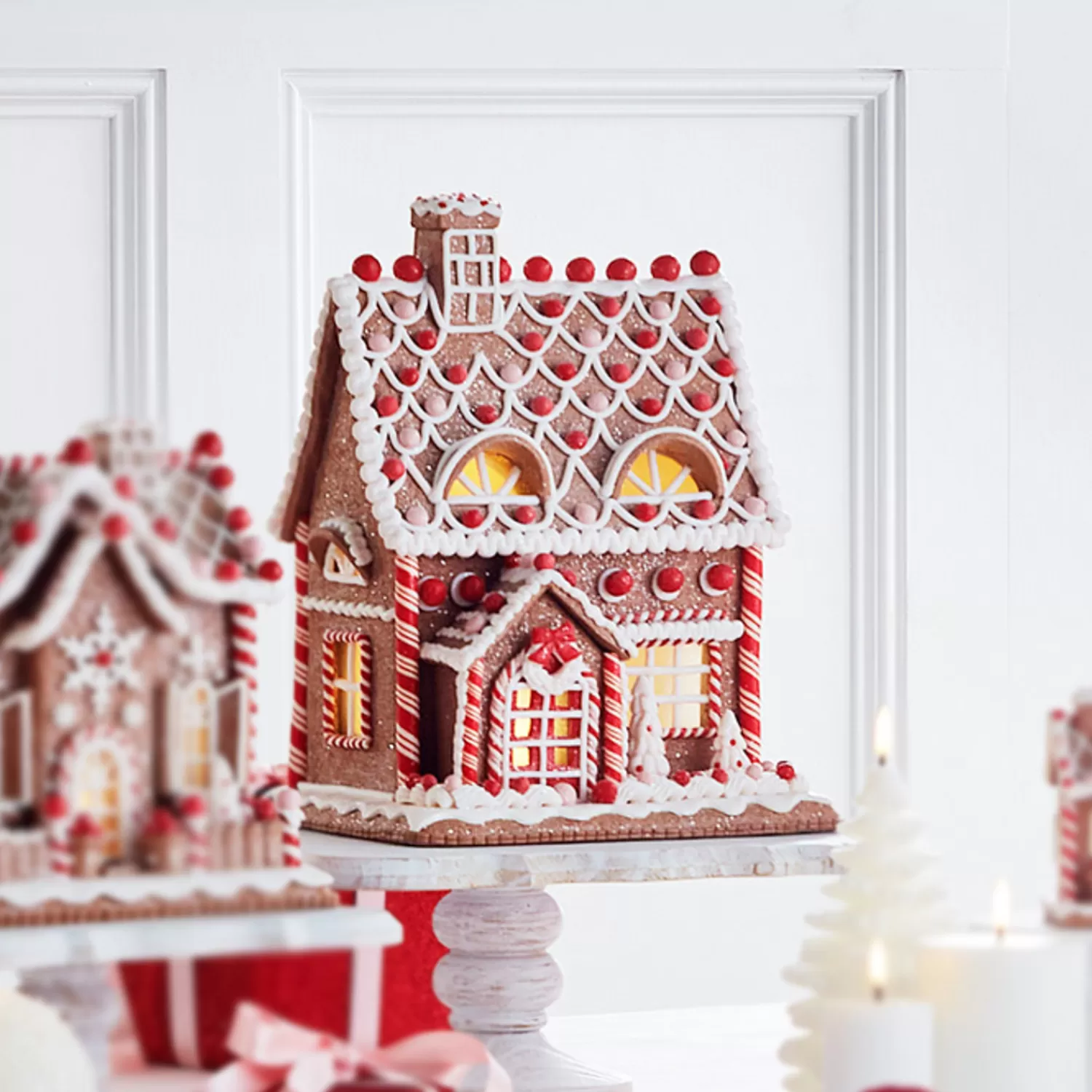 The Jolly Christmas Shop Jingle And Cocoa | Gingerbread | Raz 12" Lighted Realistic Pink And Red Christmas Gingerbread House 4316086