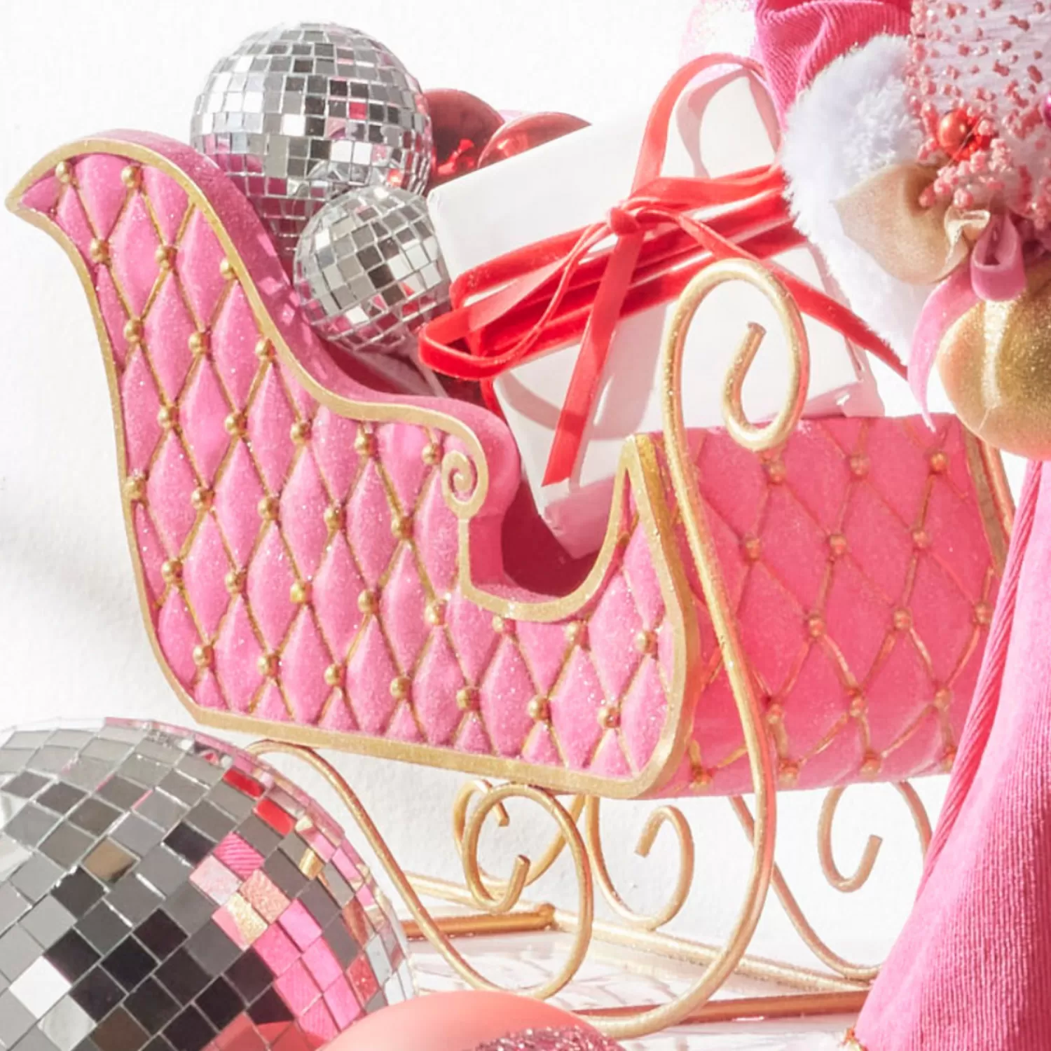 The Jolly Christmas Shop Jingle And Cocoa | A Blushing Holiday | Raz 12" Pink And Gold Quilted Christmas Sleigh Decoration 4412167