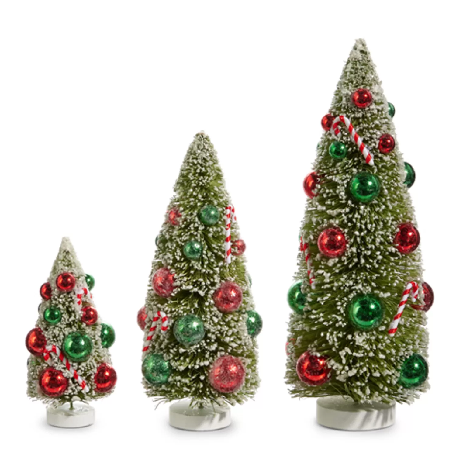 The Jolly Christmas Shop Candy Land | Tinsel Town | Raz 12" Set Of 3 Snowy Christmas Bottle Brush Trees With Candy Cane Ornaments 4416110