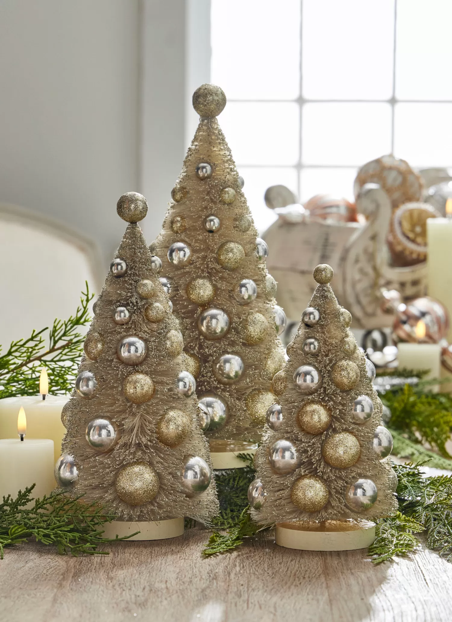 The Jolly Christmas Shop Champagne Wishes | Elegant | Raz 13" Champagne Dusted Bottle Brush Trees With Ornaments Set Of 3 4316151