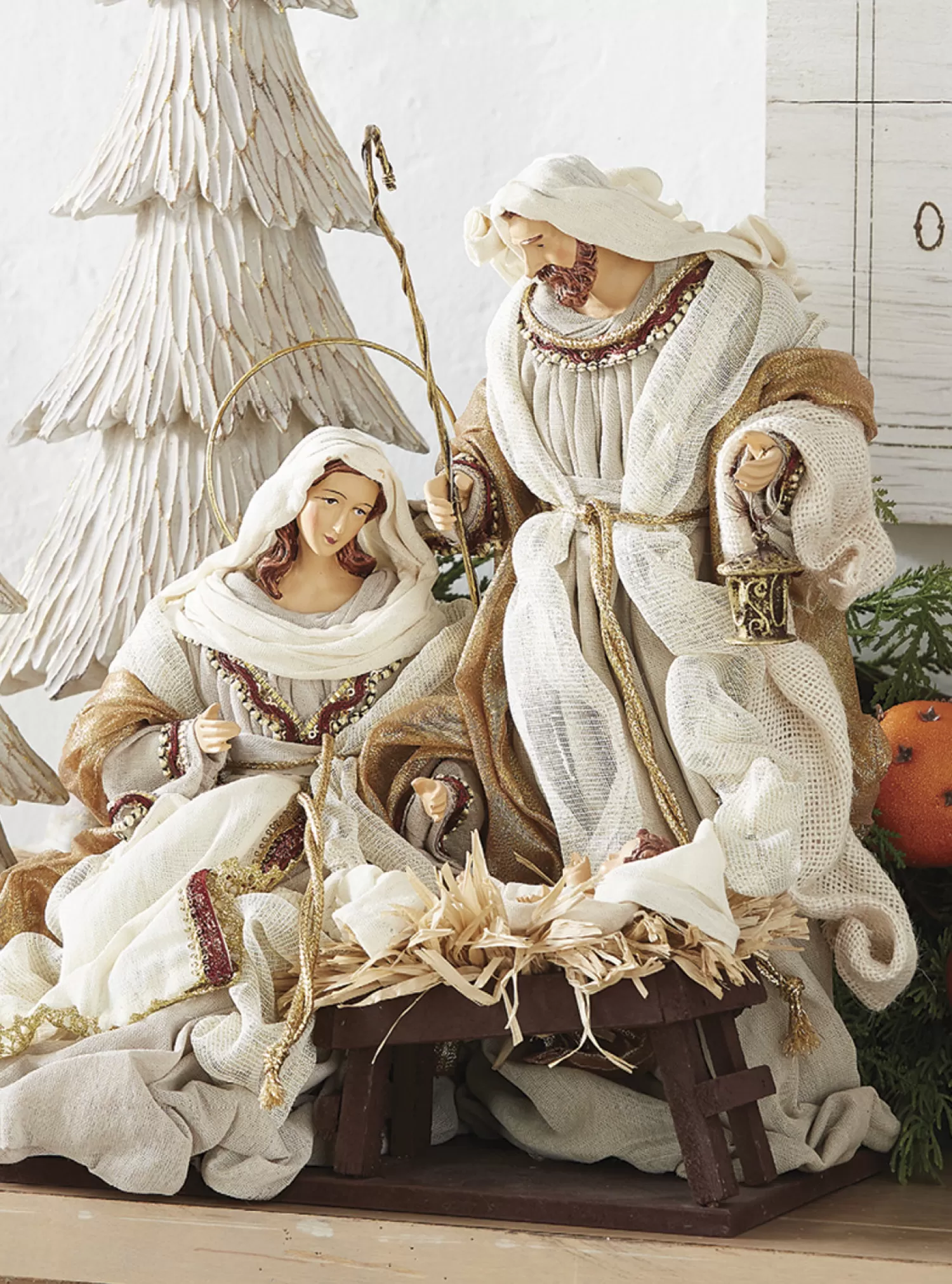 The Jolly Christmas Shop Bon Noel | Snowflake Soiree | Raz 15.25" Winter White Holy Family Christmas Nativity Scene 4010660