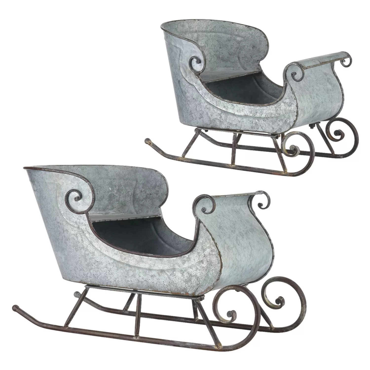 The Jolly Christmas Shop All Is Calm | Gingerbread Lane | Raz 16.5" & 24.5" Galvanized Distressed Metal Sleighs Set Of 2 Christmas Decoration 4128884