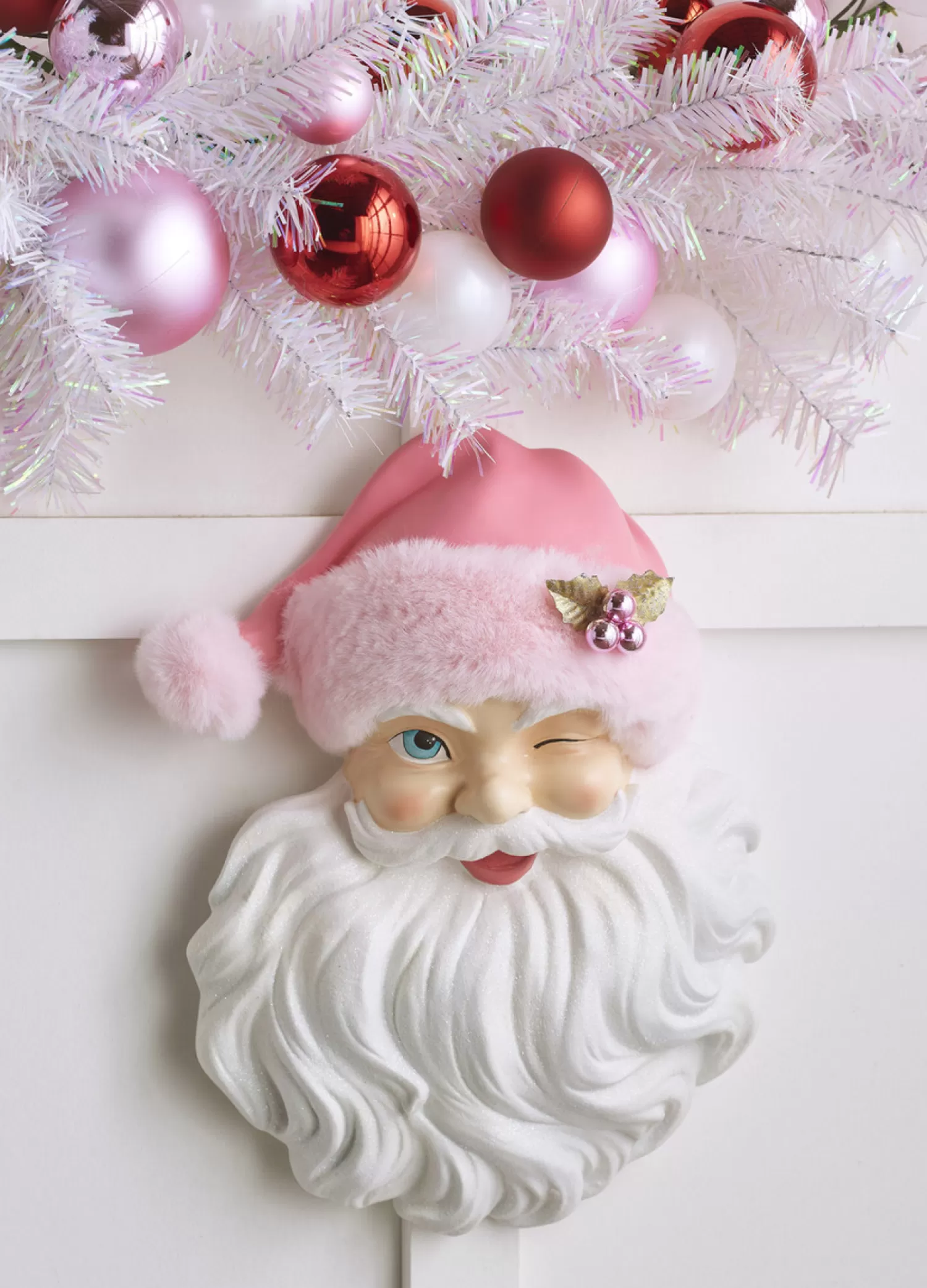 The Jolly Christmas Shop Jingle And Cocoa | A Blushing Holiday | Raz 17" Santa Face With Pink Hat Christmas Wall Decoration 4210233