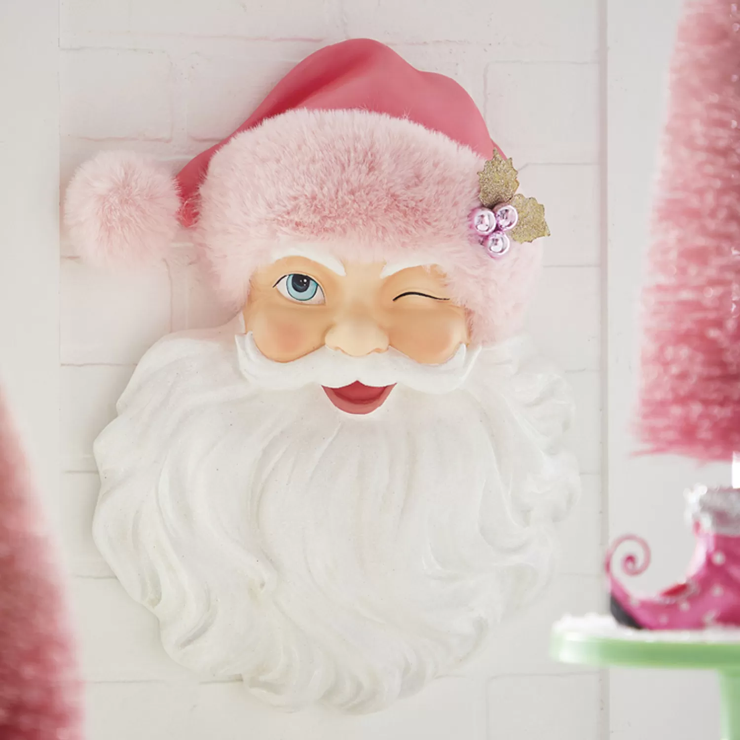 The Jolly Christmas Shop Jingle And Cocoa | A Blushing Holiday | Raz 17" Santa Face With Pink Hat Christmas Wall Decoration 4210233