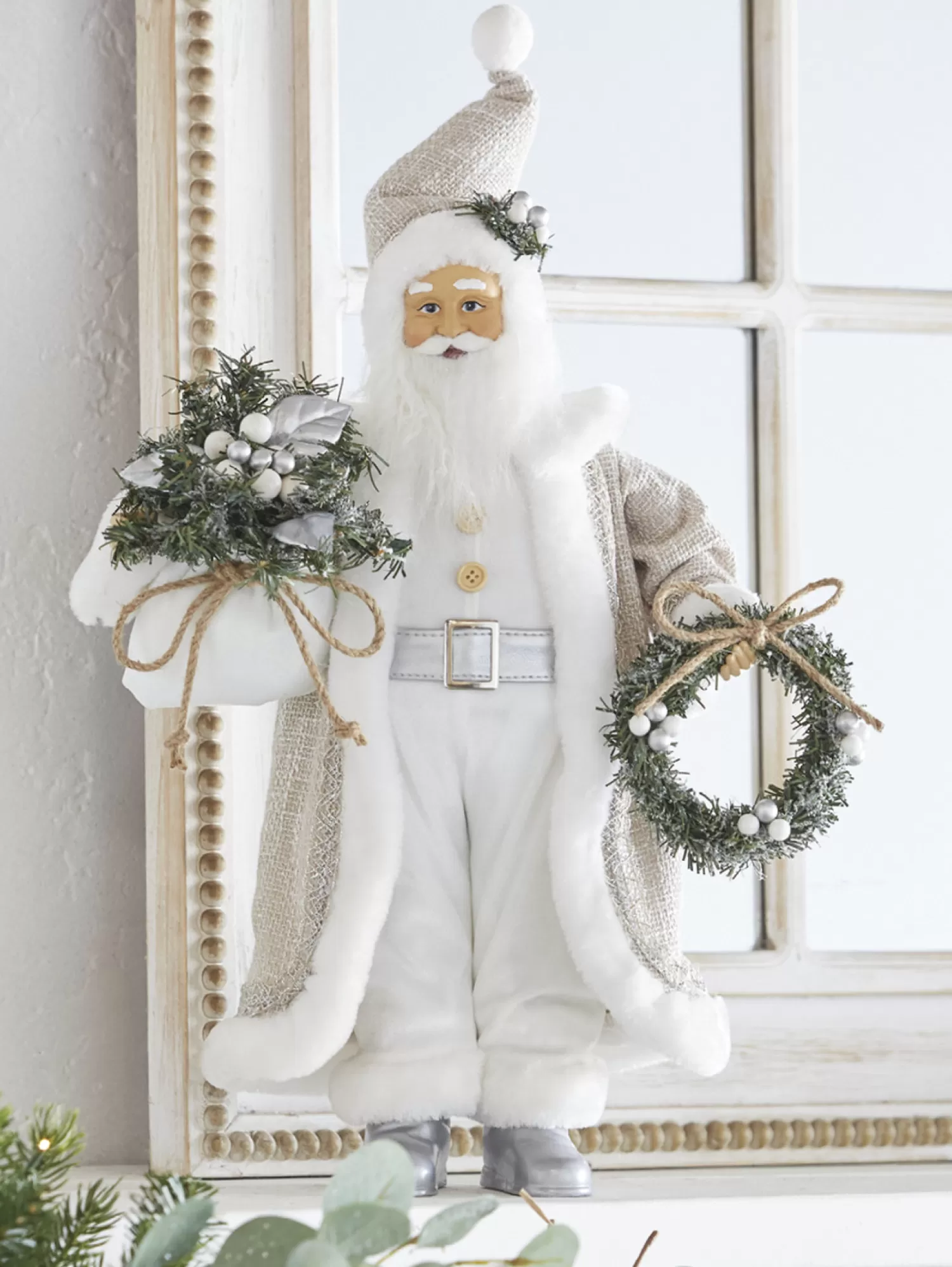 The Jolly Christmas Shop All Is Calm | Santa Christmas Decorations | Raz 18" Silver And Tan Santa With Bag And Wreath Christmas Figure 4115579