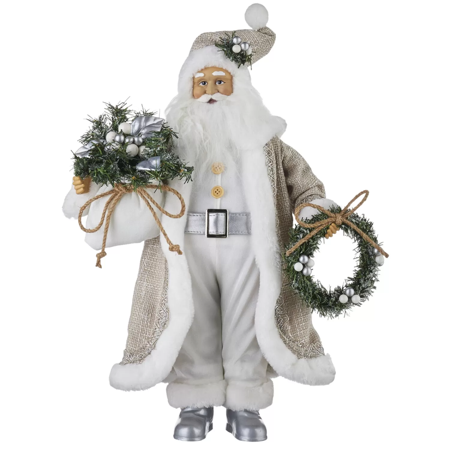 The Jolly Christmas Shop All Is Calm | Santa Christmas Decorations | Raz 18" Silver And Tan Santa With Bag And Wreath Christmas Figure 4115579