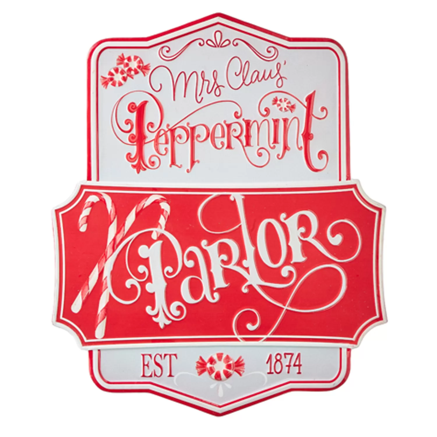 The Jolly Christmas Shop Jingle And Cocoa | The Candy Shop | Raz 21.75" Peppermint Parlor Embossed Metal Christmas Sign 4111274