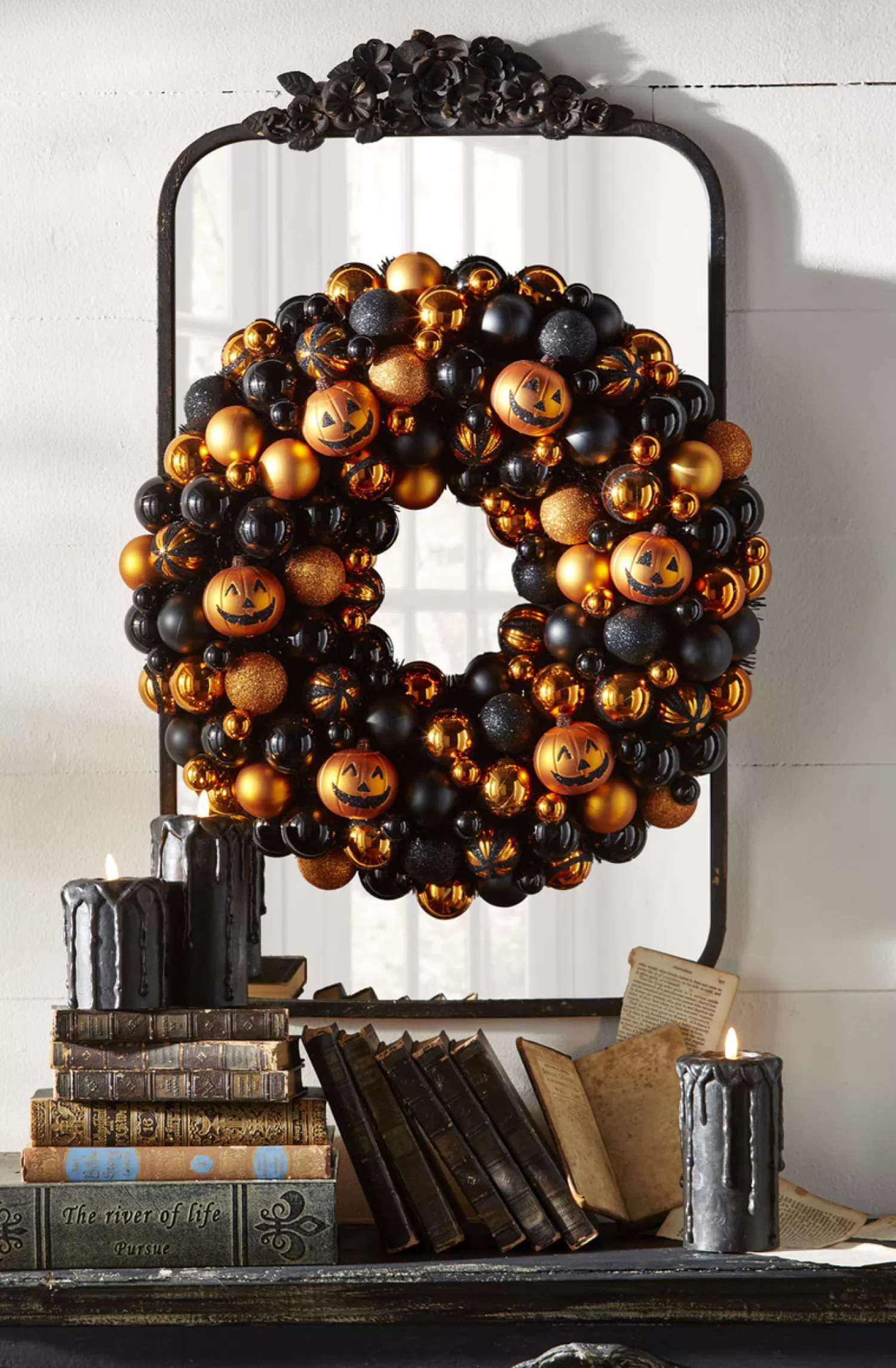 The Jolly Christmas Shop Halloween Wreaths | Raz 21" Jack O Lantern And Tinsel Ball Halloween Wreath W4432702