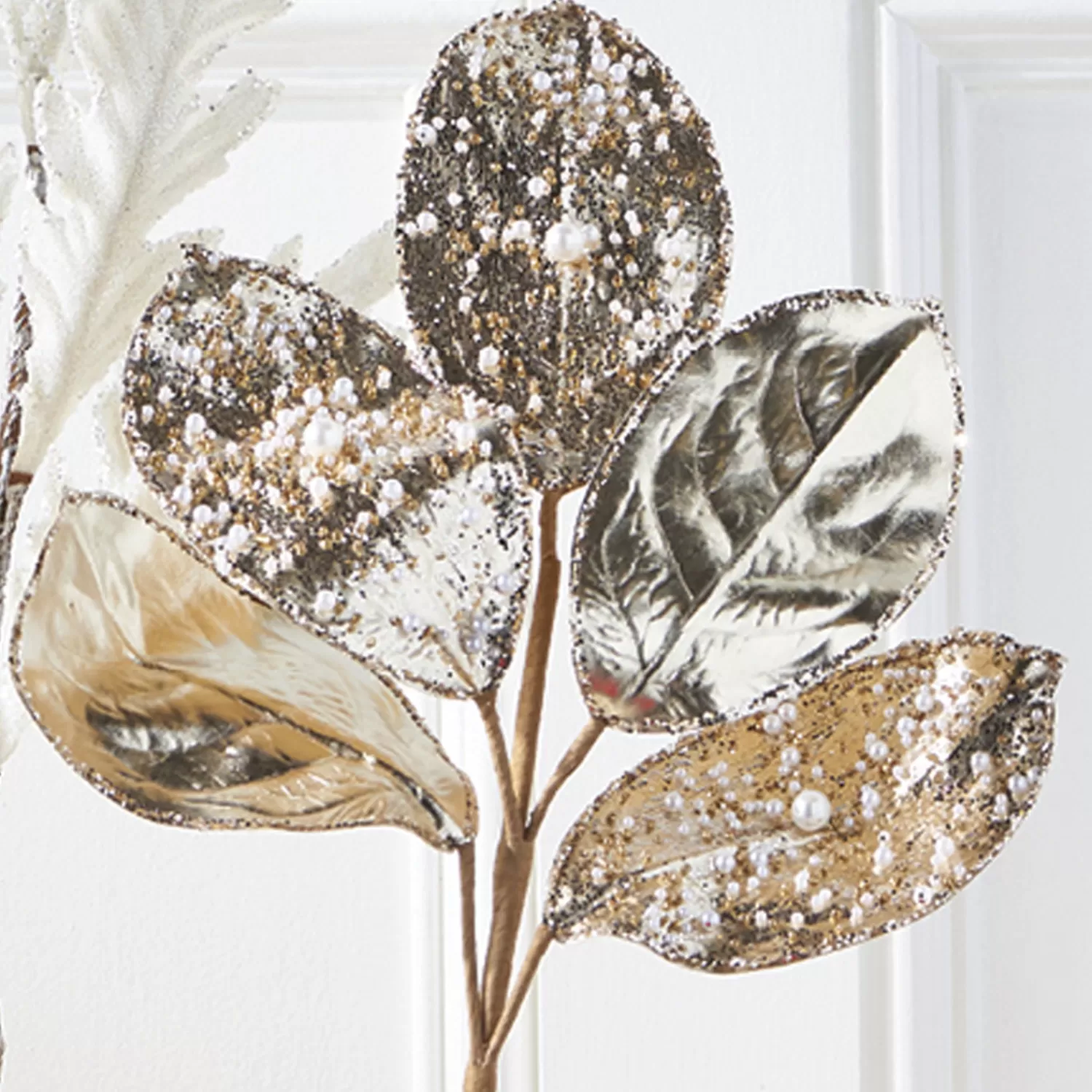 The Jolly Christmas Shop Charming Holiday | Bon Noel | Raz 23" Bead And Pearl Jeweled Magnolia Leaf Stem Christmas Pick F4006721