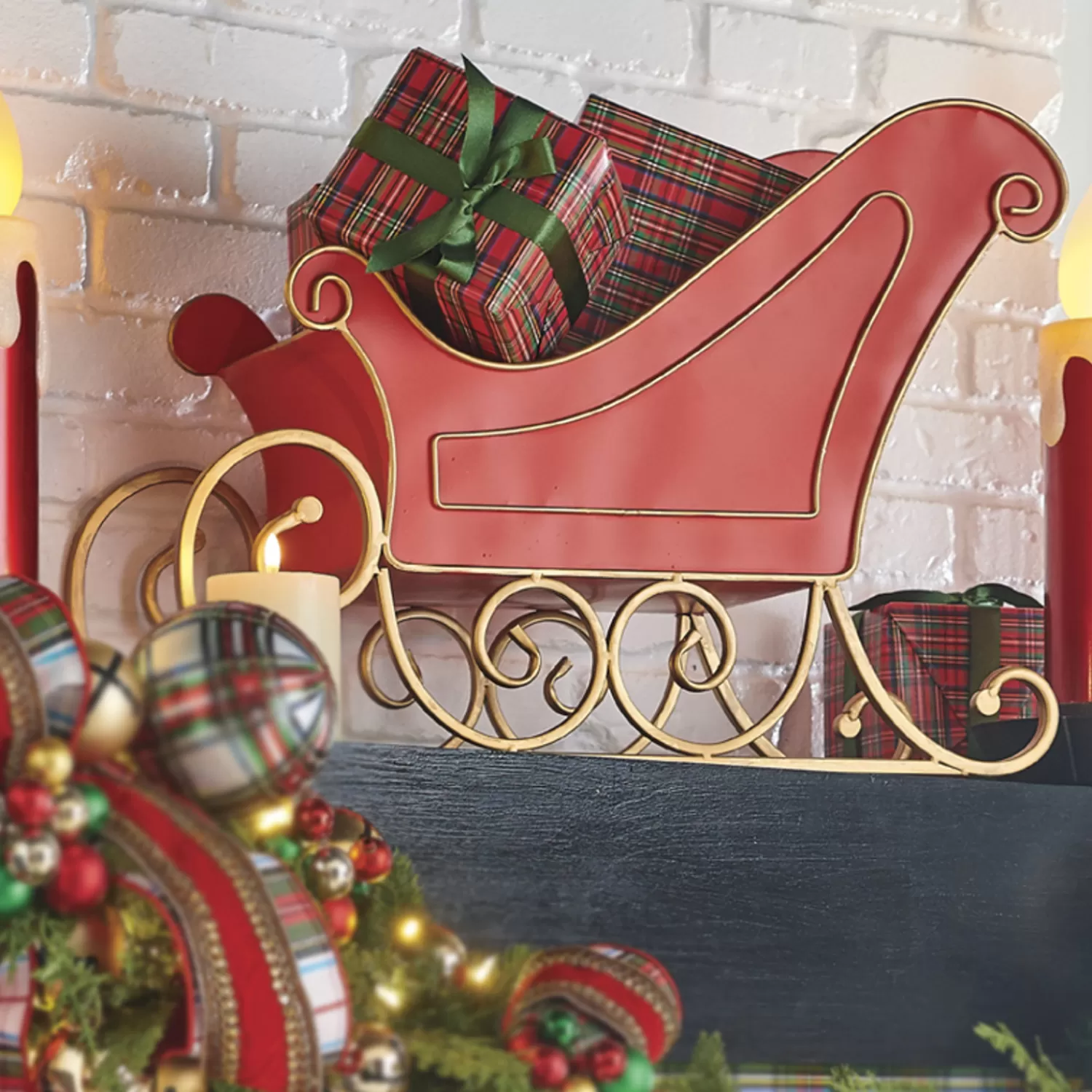 The Jolly Christmas Shop Tinsel Town | Christmas Traditions | Raz 24.25" Red Metal Sleigh Christmas Decorations 4211153