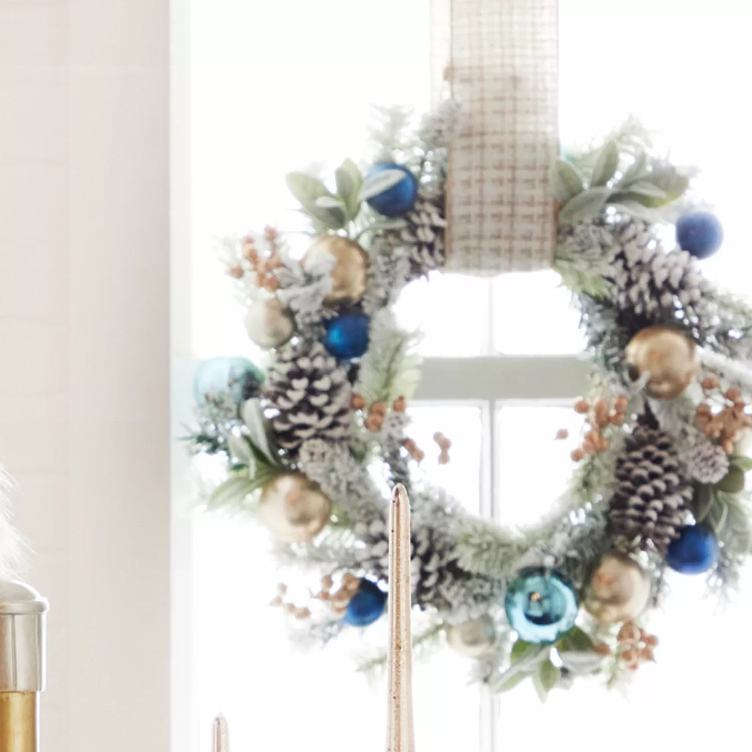 The Jolly Christmas Shop Celebrate The Season | Christmas Wreaths | Raz 24" Snowy Mixed Greenery And Blue And Gold Ornament Christmas Wreath W4302540