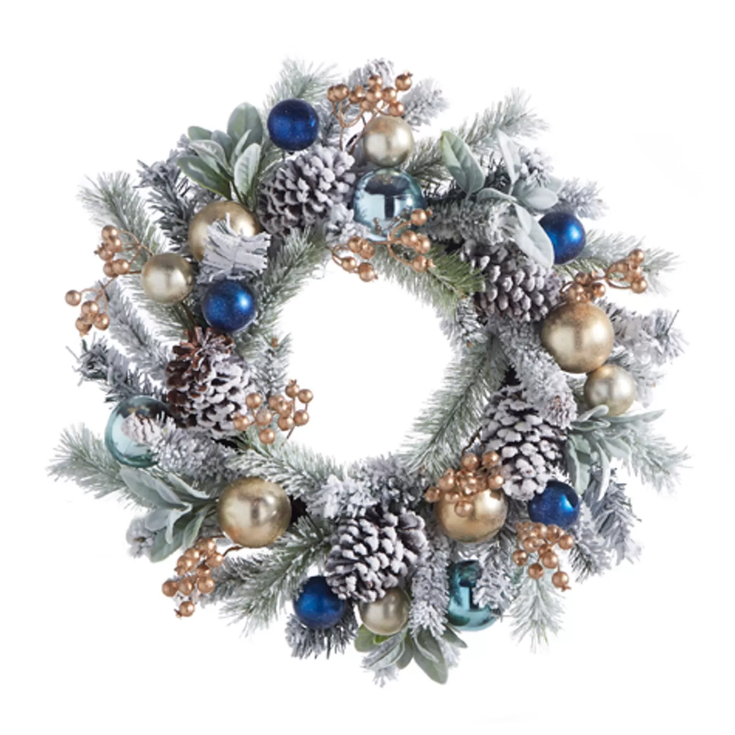 The Jolly Christmas Shop Celebrate The Season | Christmas Wreaths | Raz 24" Snowy Mixed Greenery And Blue And Gold Ornament Christmas Wreath W4302540