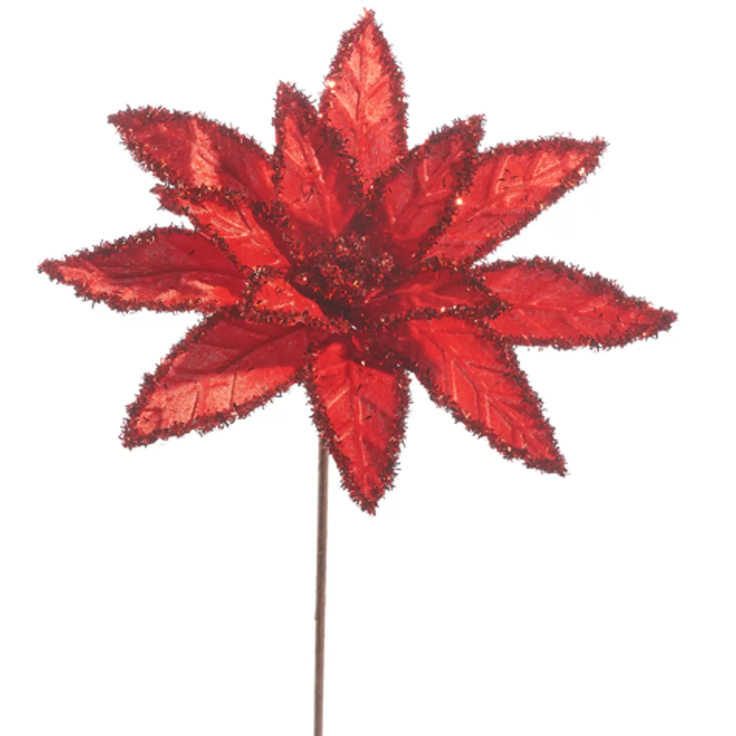 The Jolly Christmas Shop Holiday Cheers | Sprays, Picks, Stems | Raz 26" Red Tinsel Edge Poinsettia Stem Christmas Tree Accessory F4322742