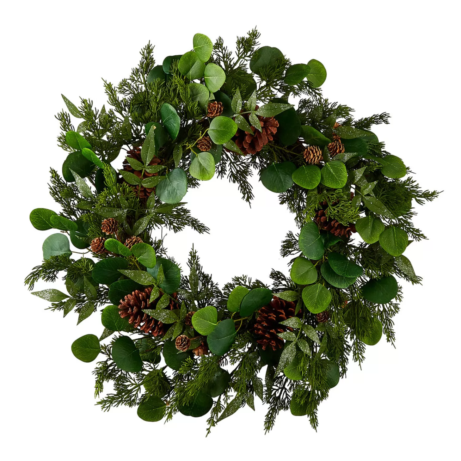 The Jolly Christmas Shop Jingle And Cocoa | Christmas Wreaths | Raz 27" Iced Mixed Greenery, Eucalyptus And Pinecone Christmas Wreath W4102617