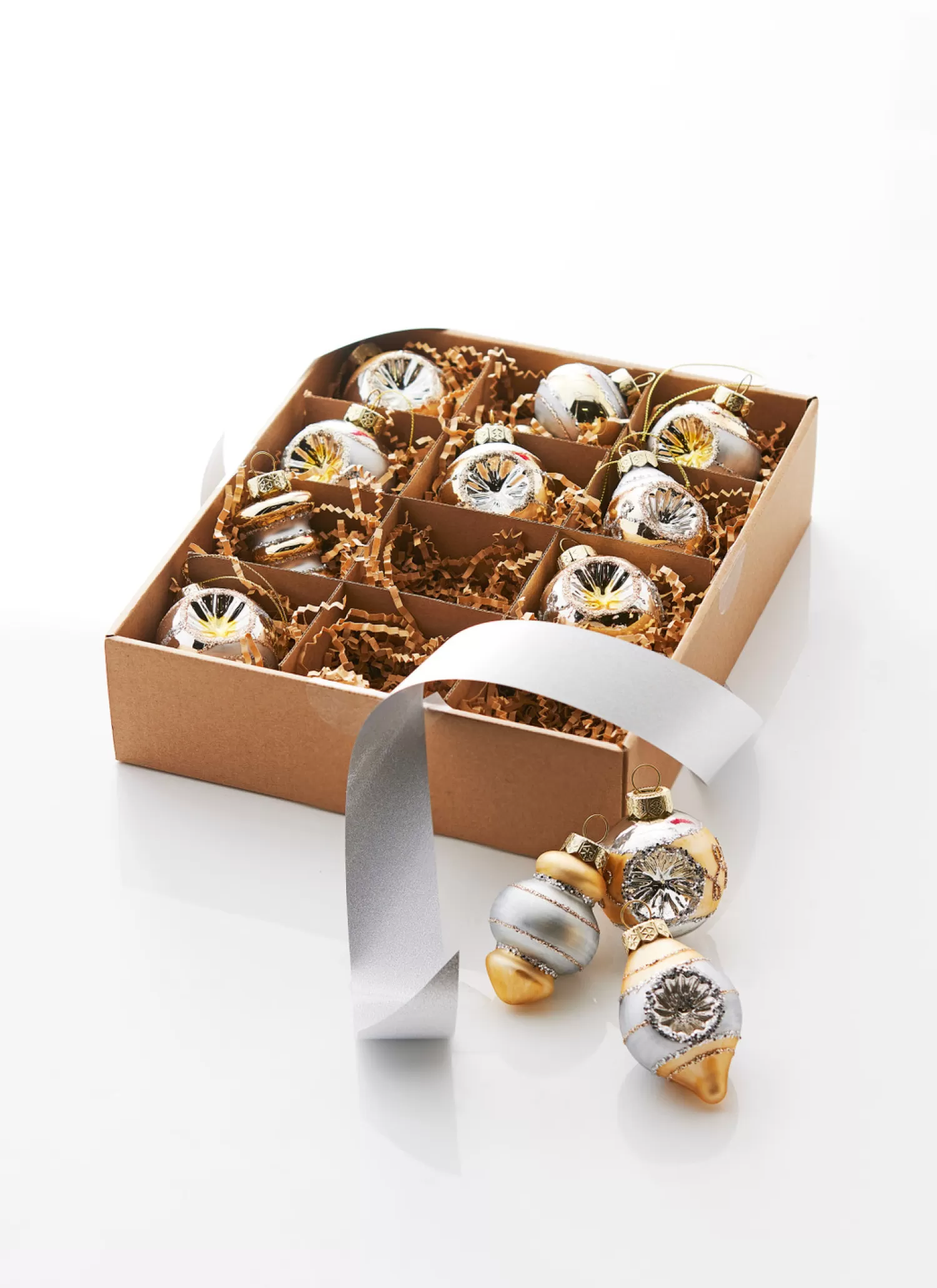 The Jolly Christmas Shop Celebrate The Season | Elegant | Raz 2" Box Of 12 Champagne And Silver Vintage Christmas Ornament Set 4320927