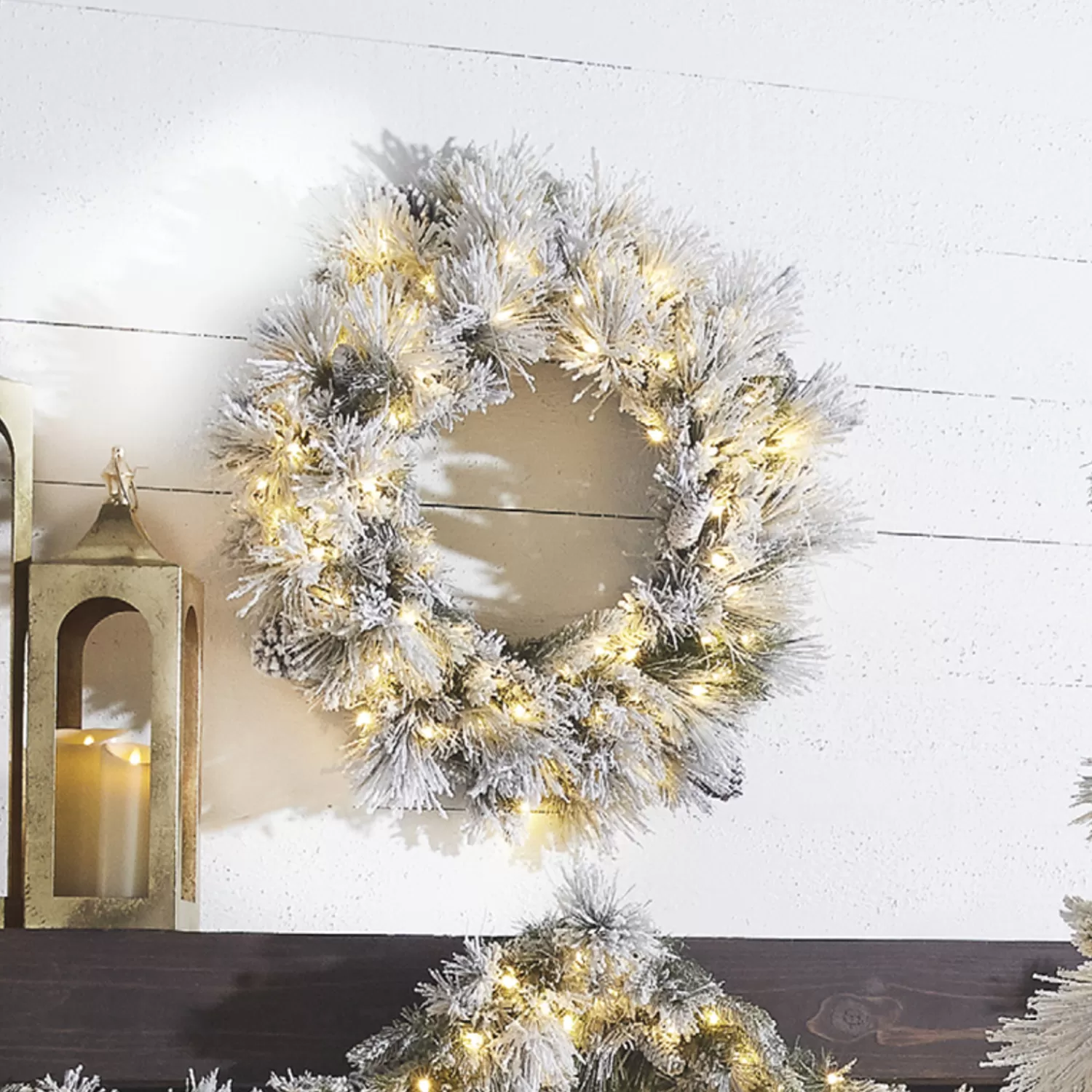 The Jolly Christmas Shop Dashing Through The Snow | Snowflake Soiree | Raz 30" Pre-lit Flocked Pine Christmas Wreath With Warm White Lights W4052019
