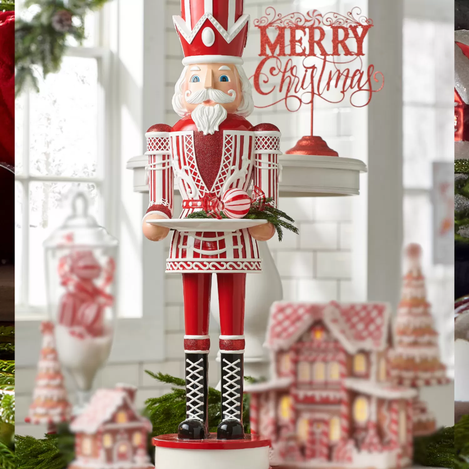 The Jolly Christmas Shop Jingle And Cocoa | Gingerbread | Raz 36" Large Red And White Christmas Peppermint Nutcracker With Serving Tray 4401602