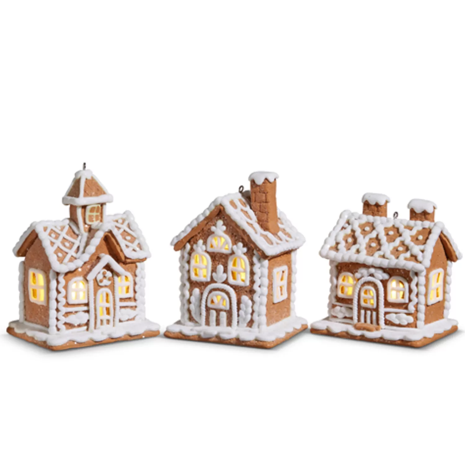 The Jolly Christmas Shop Jingle And Cocoa | Gingerbread | Raz 4.25" White And Brown Lighted Gingerbread House Christmas Ornament Set Of 3 4416149
