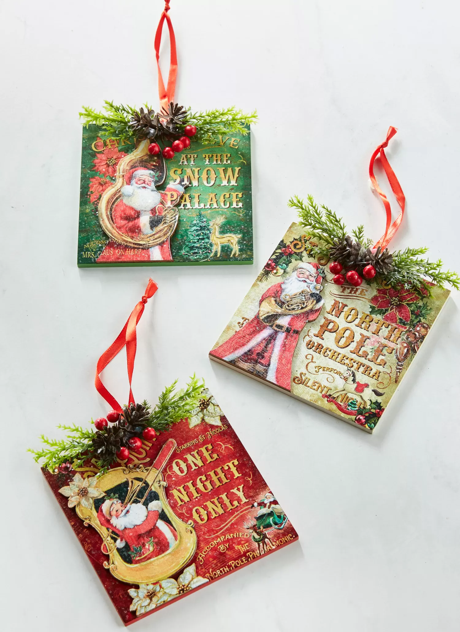 The Jolly Christmas Shop Classic Carols | Christmas Traditions | Raz 4.5" Set Of 3 Santa's Musical Orchestra Christmas Ornaments 4316123