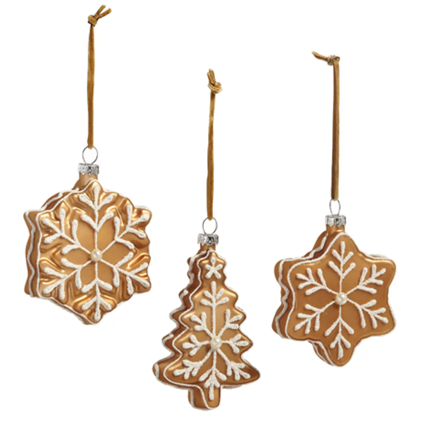 The Jolly Christmas Shop Jingle And Cocoa | Gingerbread Lane | Raz 4" Gingerbread Cookie Snowflakes And Tree Glass Christmas Ornament Set Of 3 4420882