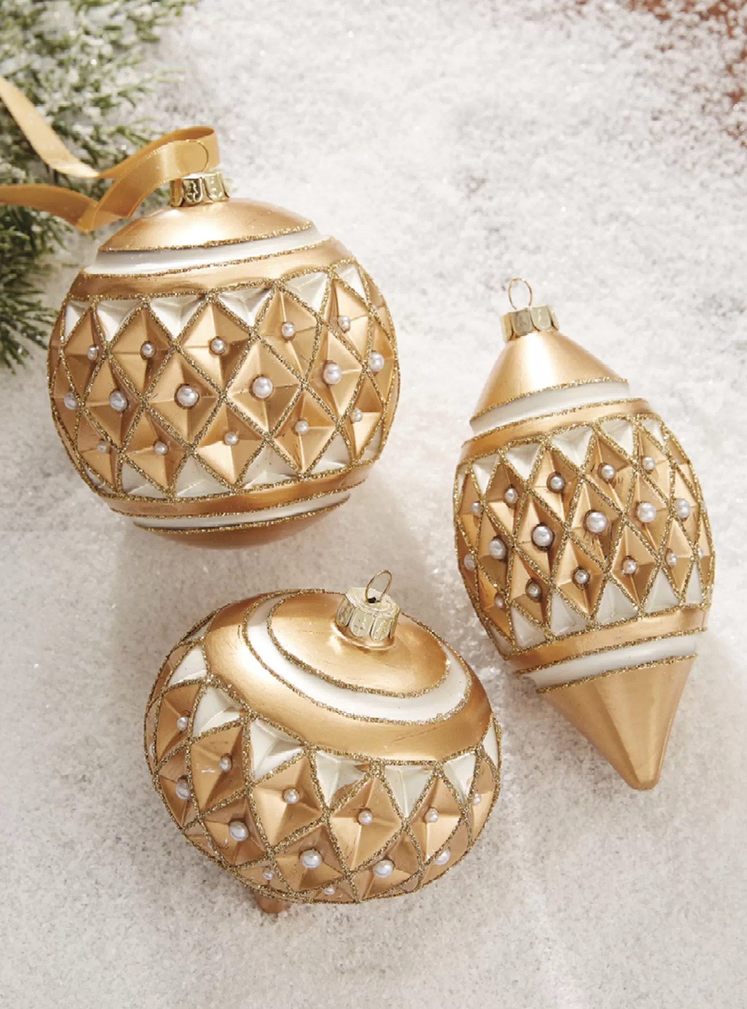 The Jolly Christmas Shop Bon Noel | Glass Ornaments | Raz 4" Gold Diamond Point With Pearls Glass Christmas Ornament 4122807