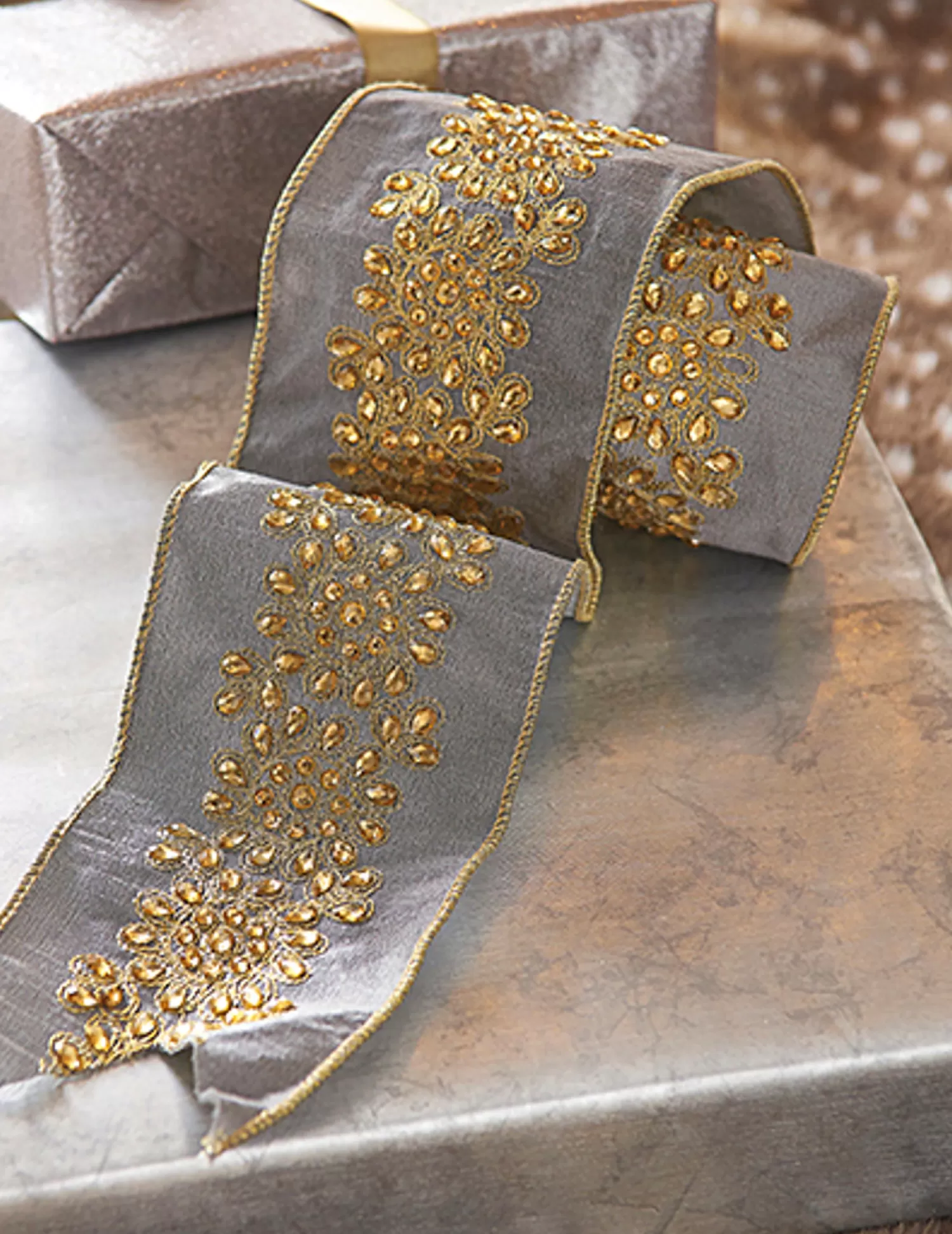 The Jolly Christmas Shop Bon Noel | Ribbon | Raz 4" Grey And Gold Embroidered Wired Christmas Ribbon R4171868