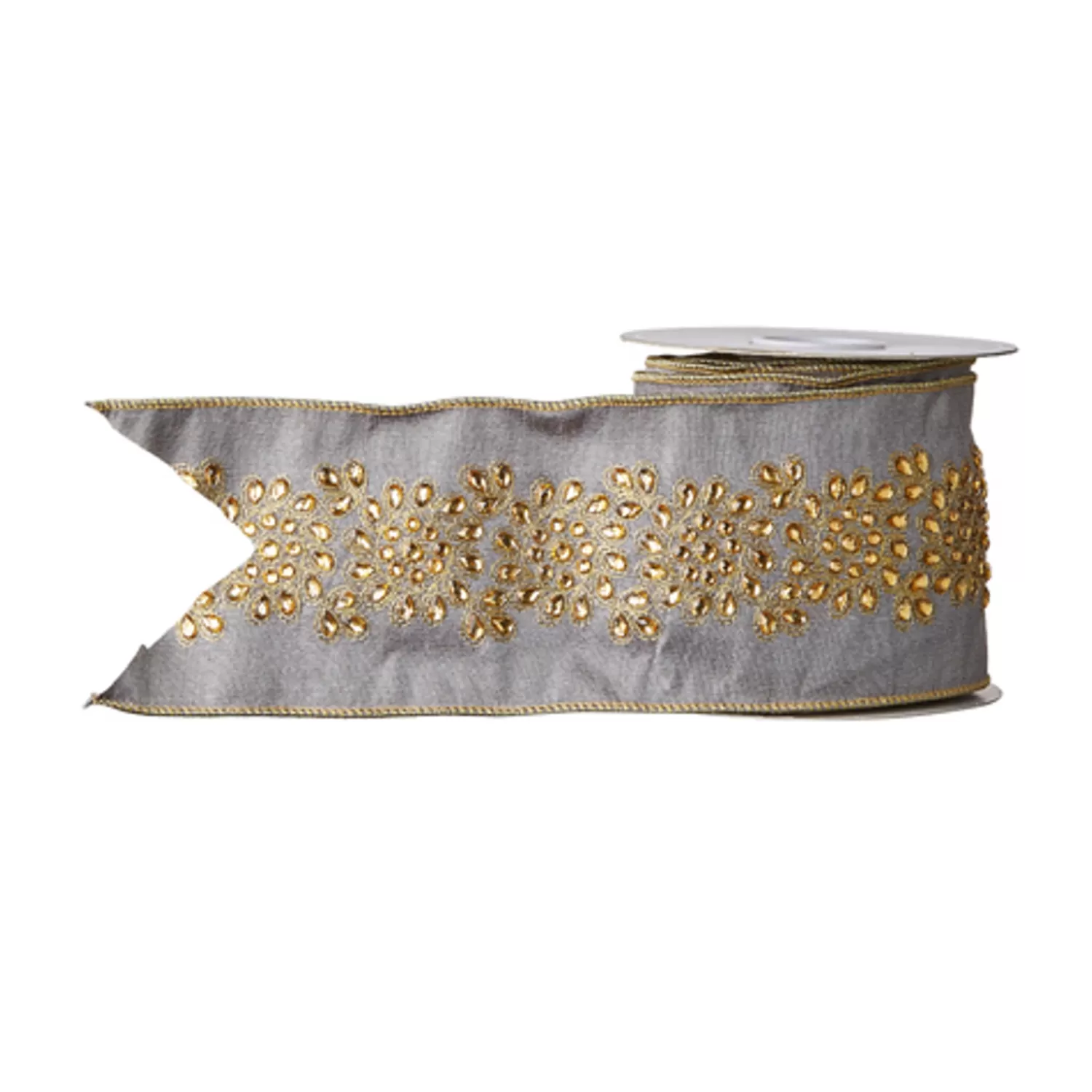 The Jolly Christmas Shop Bon Noel | Ribbon | Raz 4" Grey And Gold Embroidered Wired Christmas Ribbon R4171868